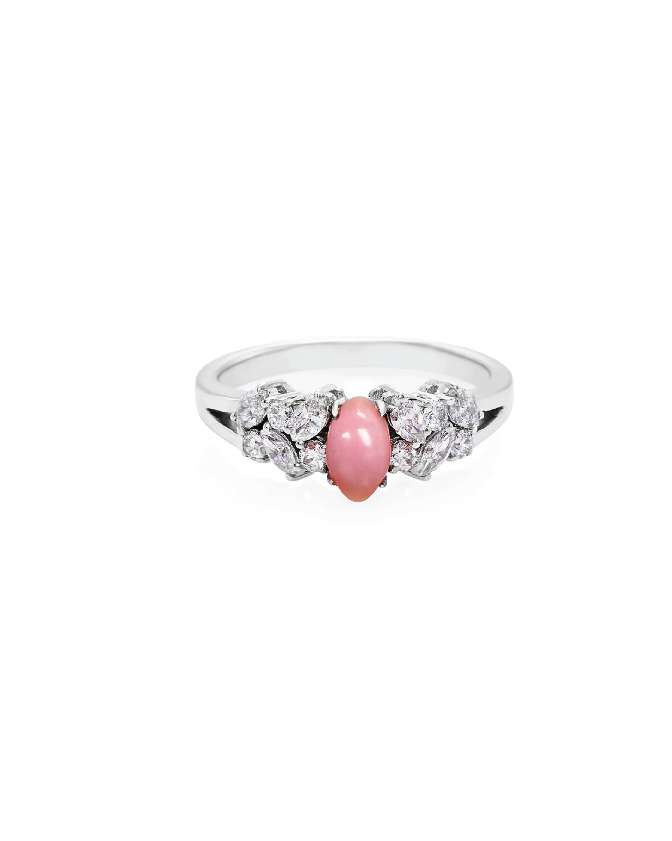 White gold ring with a central oval conch pearl flanked by marquise and round diamonds creating a flame pattern