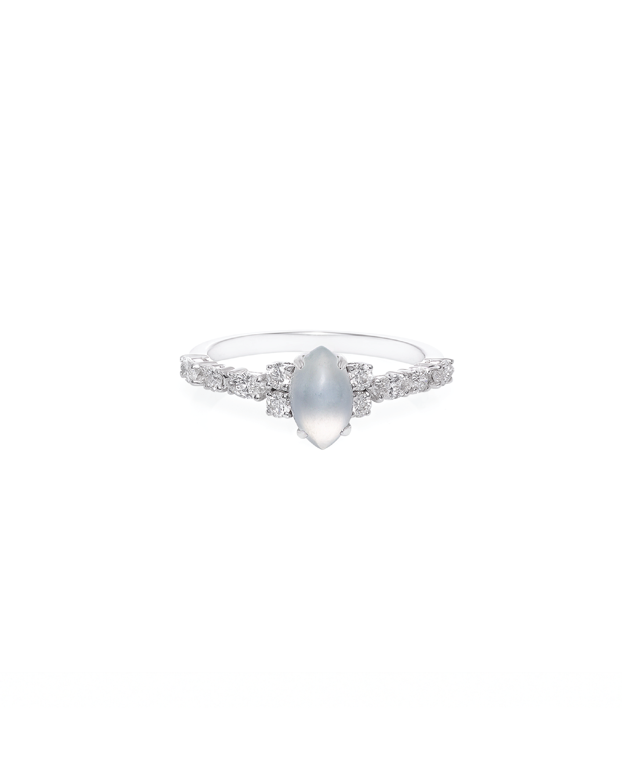 A white gold ring featuring a marquise icy jade center stone with round and marquise diamonds flanking on either side.