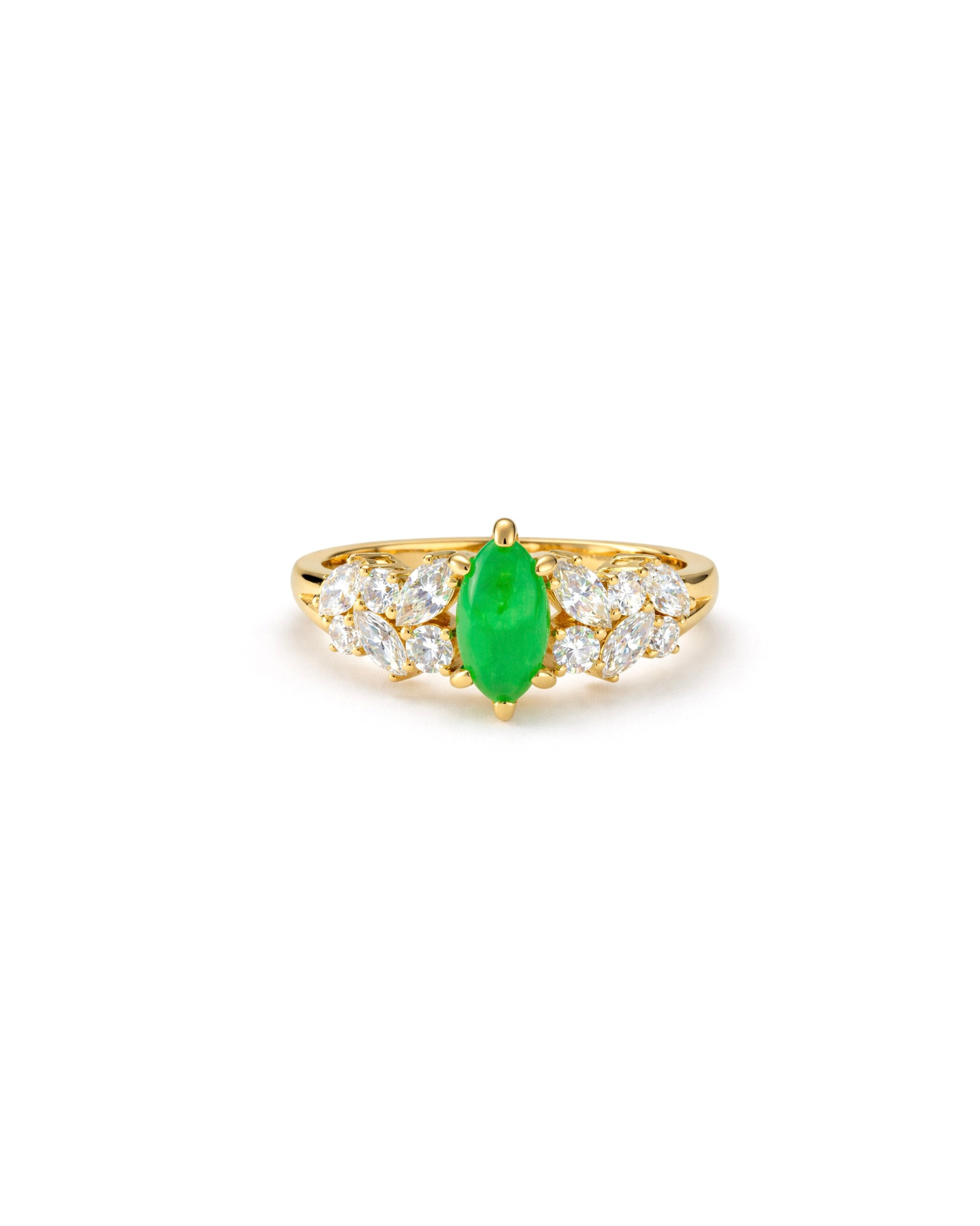 14K solid gold ring with a green natural jade and diamond accents on a light surface