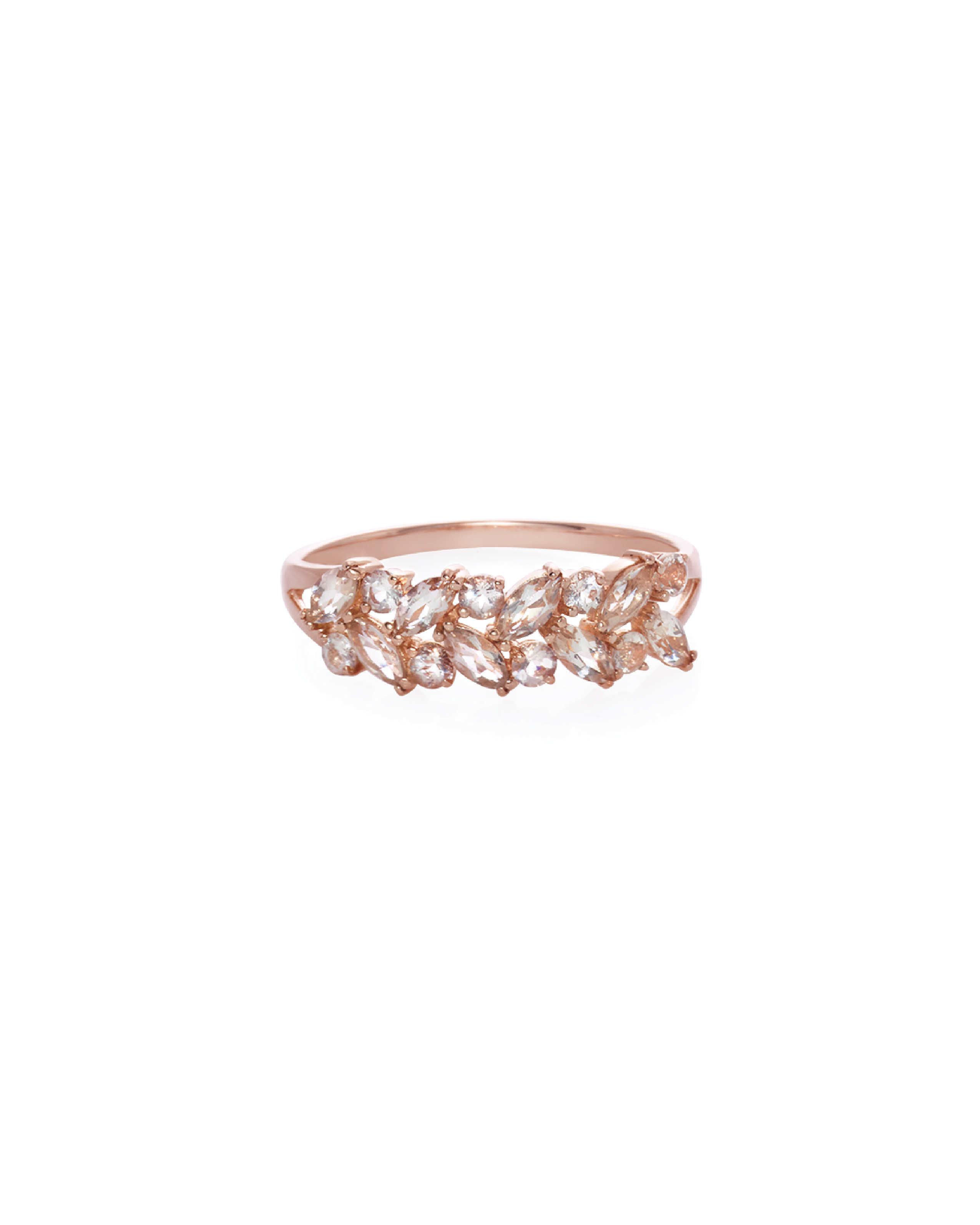 A rose gold ring with alternating round and marquise morganite stones.