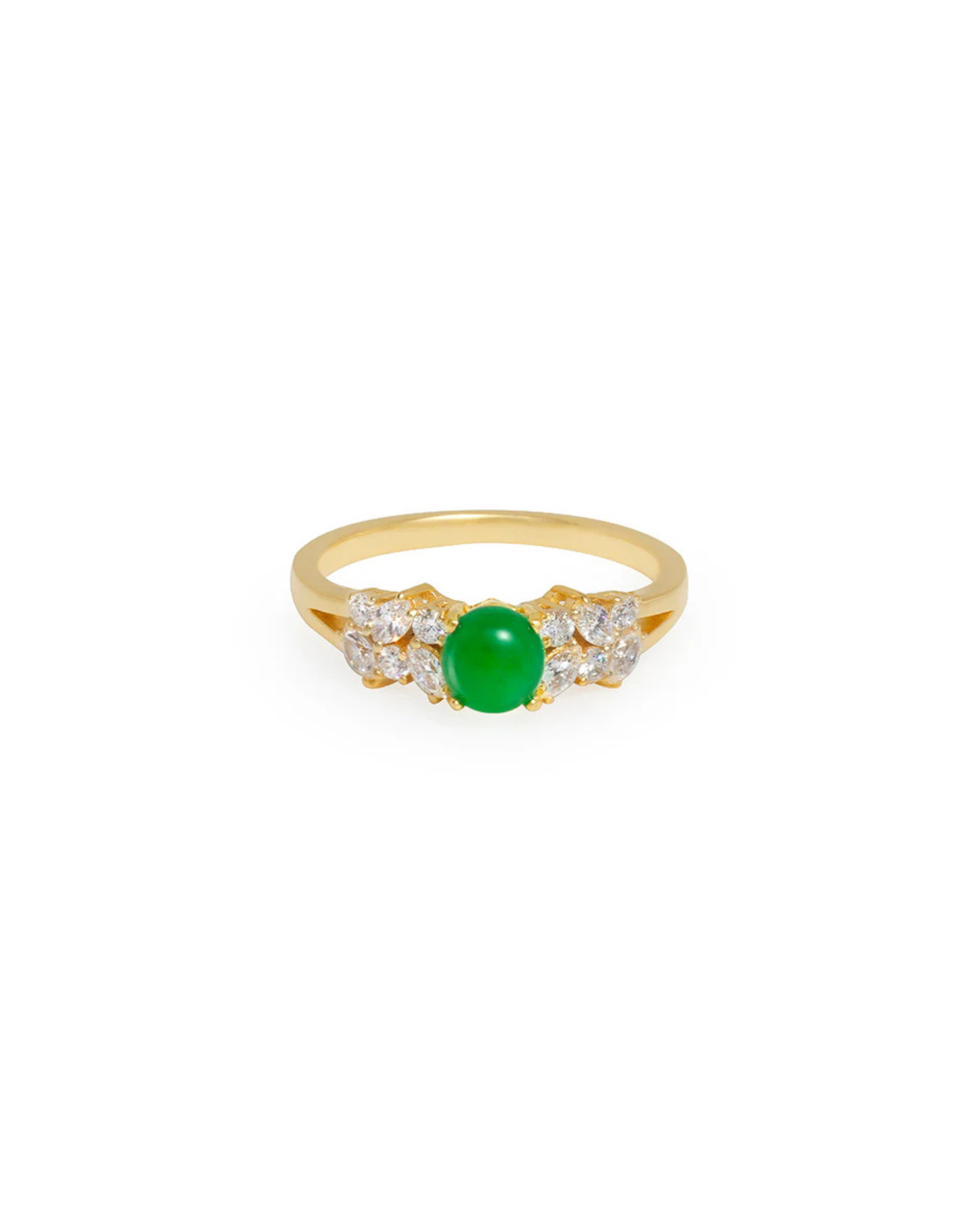 Gold ring with a green jade and marquise diamonds on a white background
