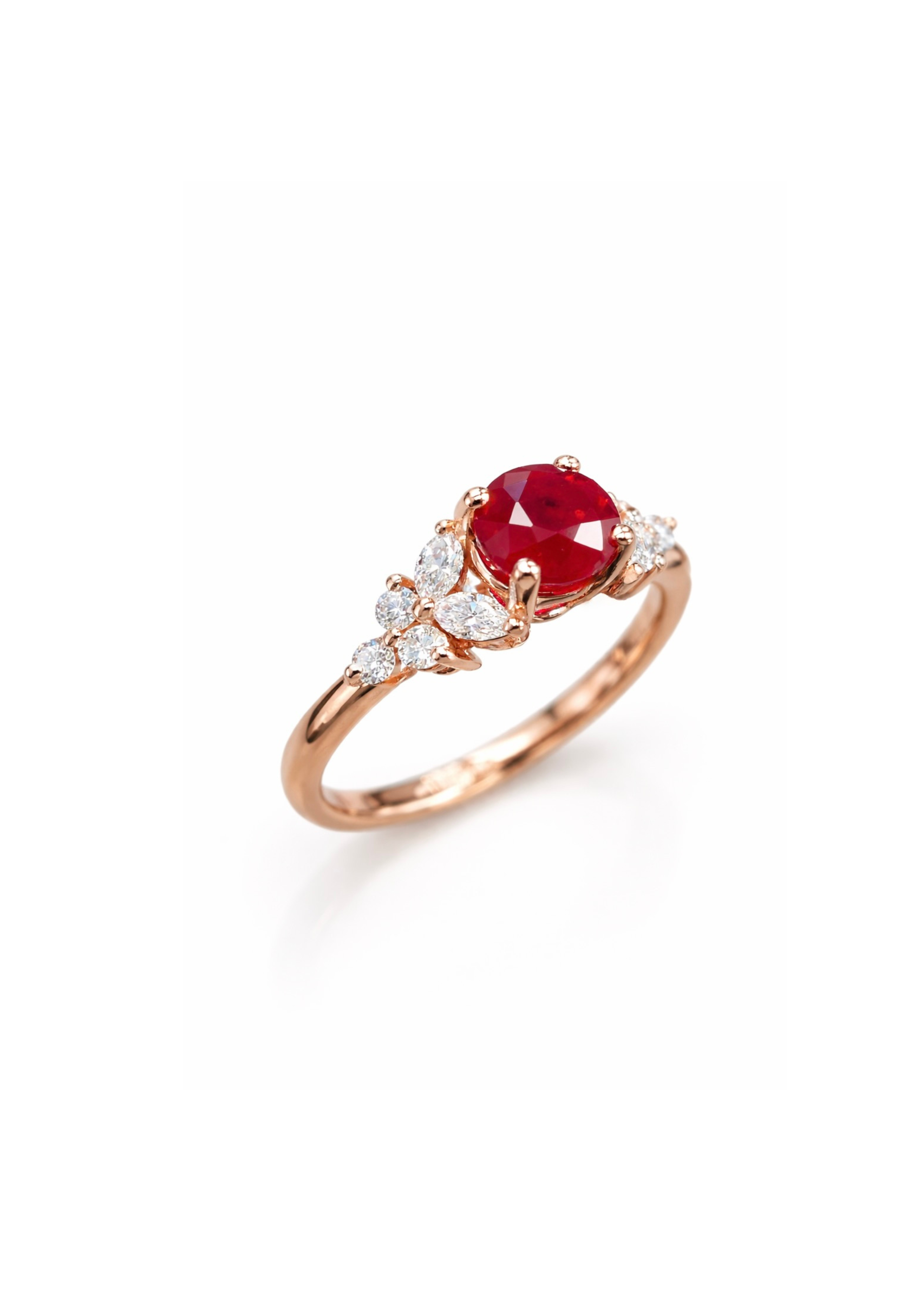 Natural Round Ruby and Marquise Diamond Engagement Ring in 18k Rose Gold by HN Jewelry