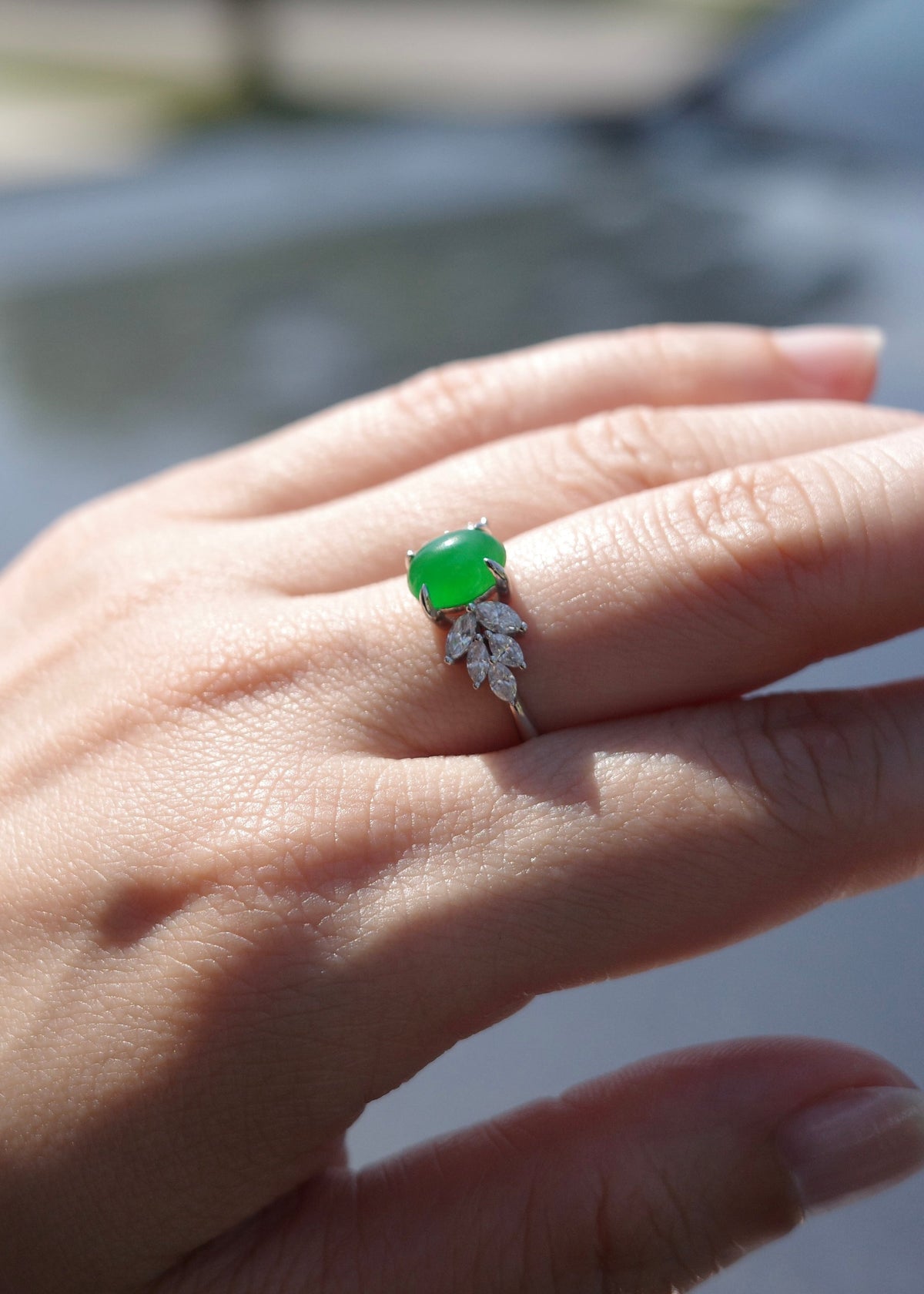 natural imperial arya jadeite and marquise-engagement diamond ring