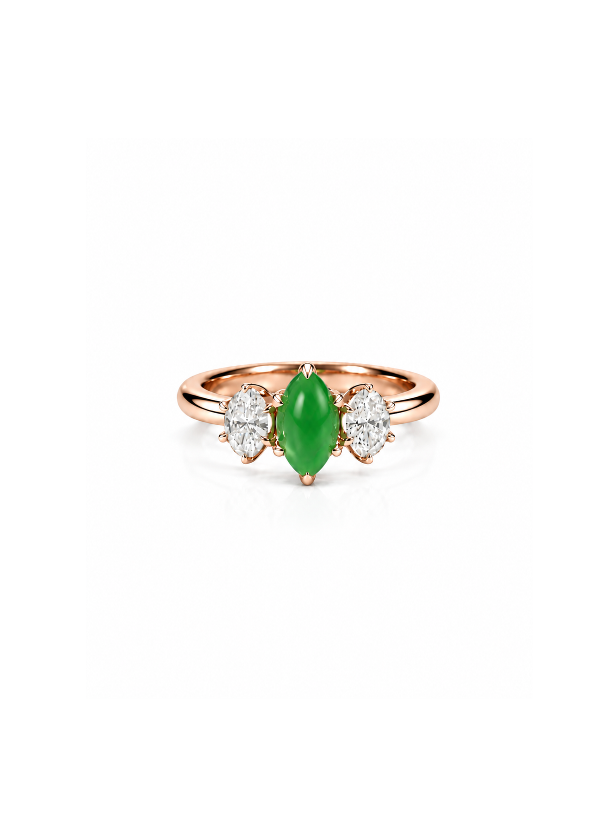 an three stone engagement ring with jade and oval diamond in rose gold