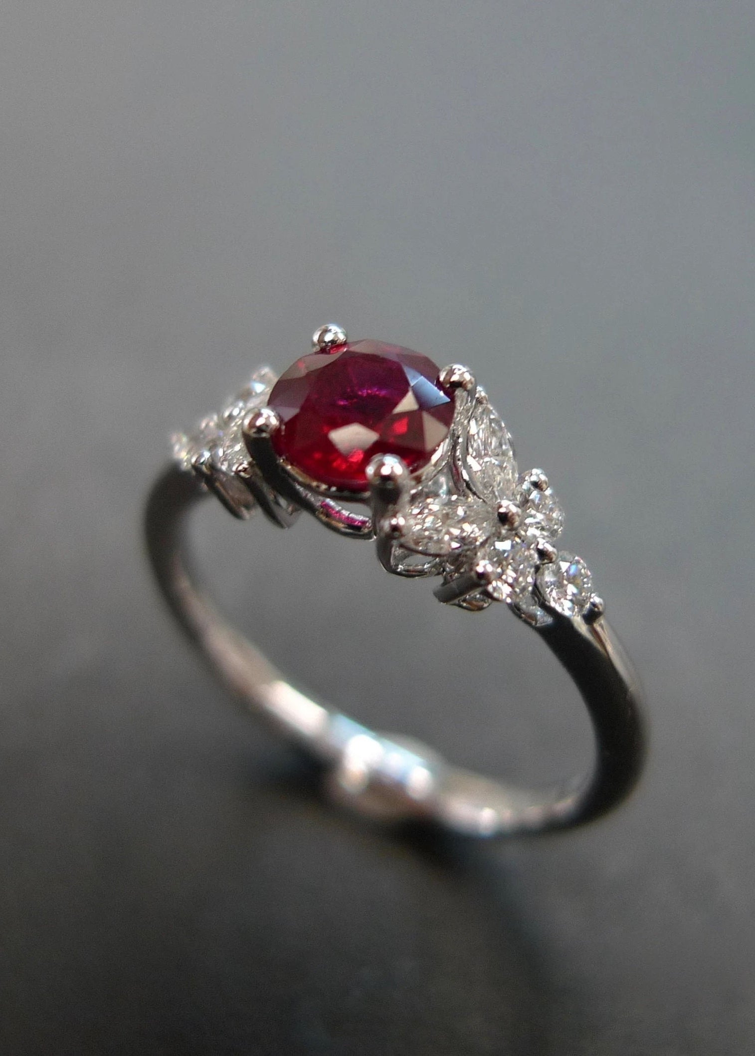 Elegant natural ruby and diamond ring in 14K solid white gold