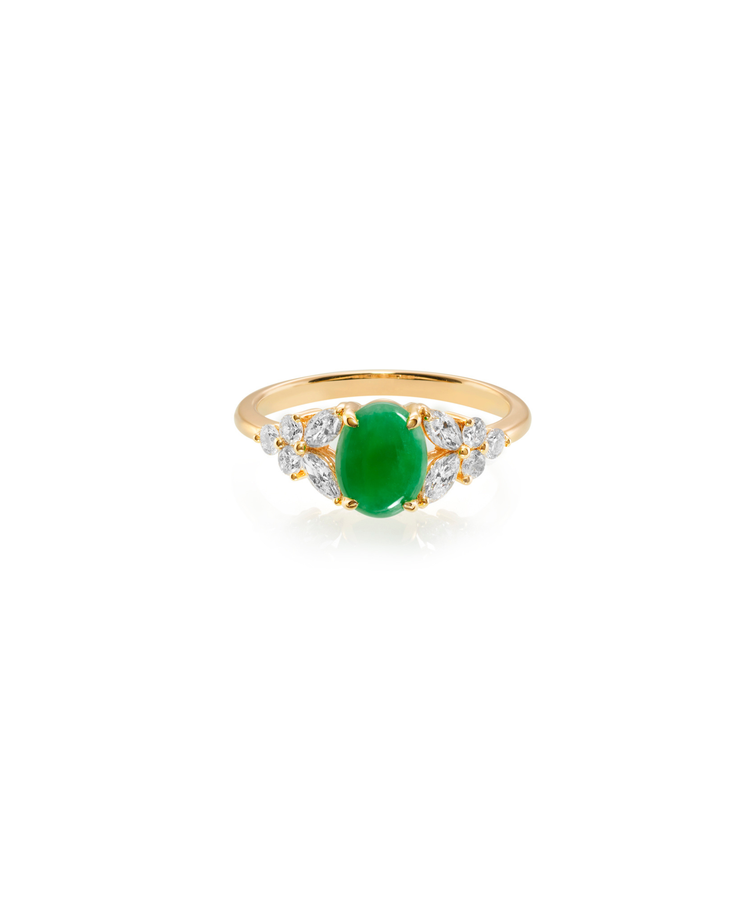 Gold ring with a green jade and marquise diamond accents on a white background