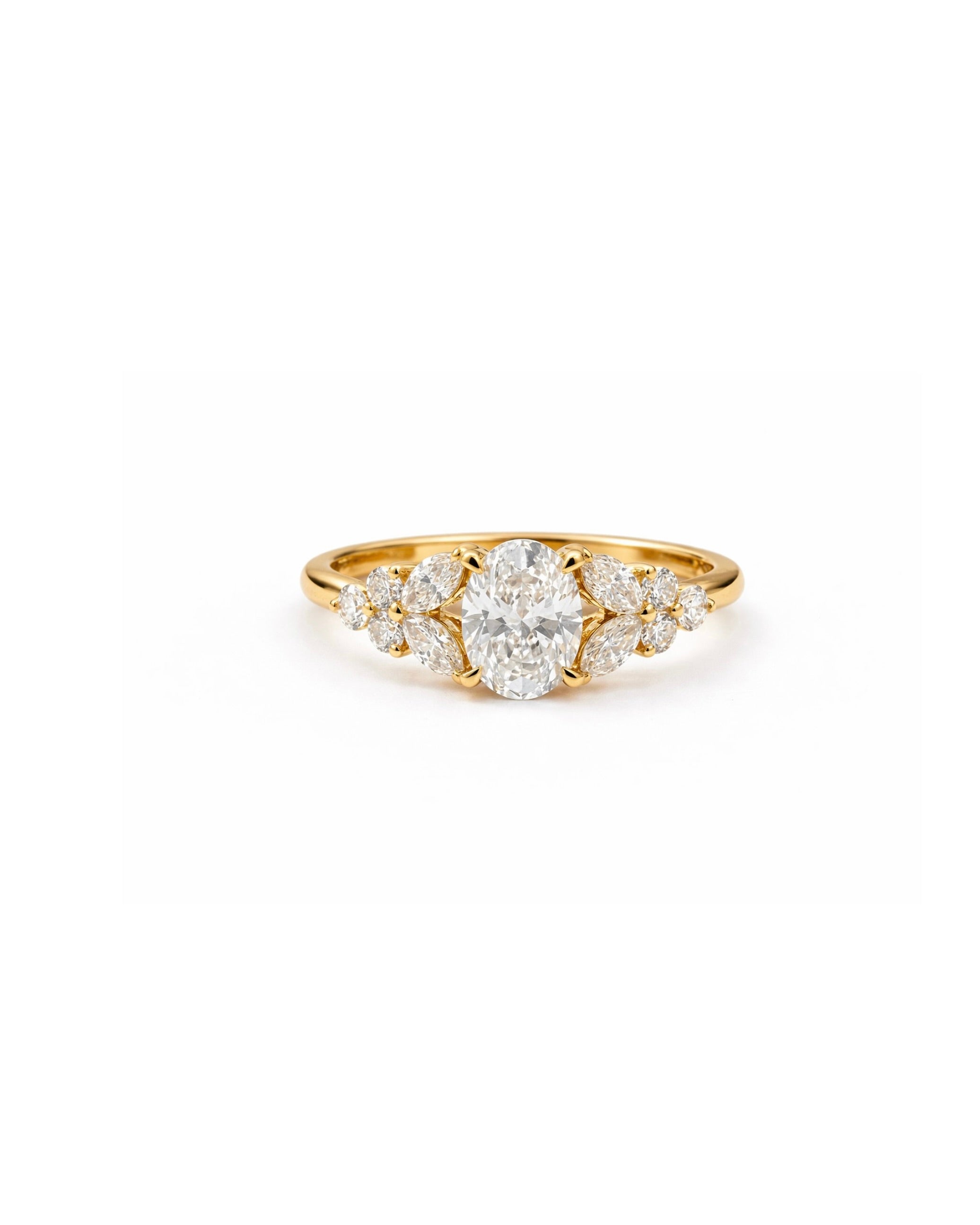 Hand wearing a oval cut diamond ring at the center along with marquise and round diamonds on the side