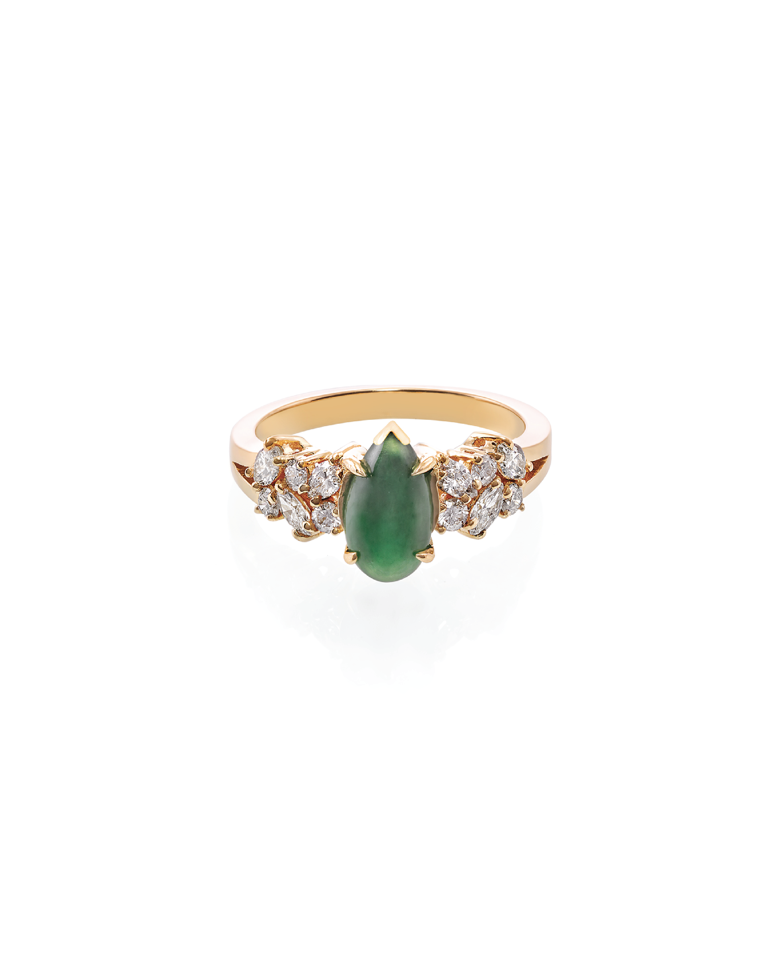 A ring with a pear-shaped jade center stone, surrounded by round and marquise cut diamonds set in 14K yellow gold.