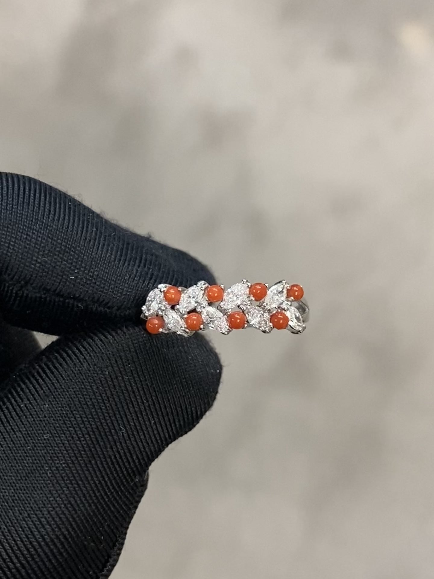 Minimal coral and diamond fine jewelry ring
