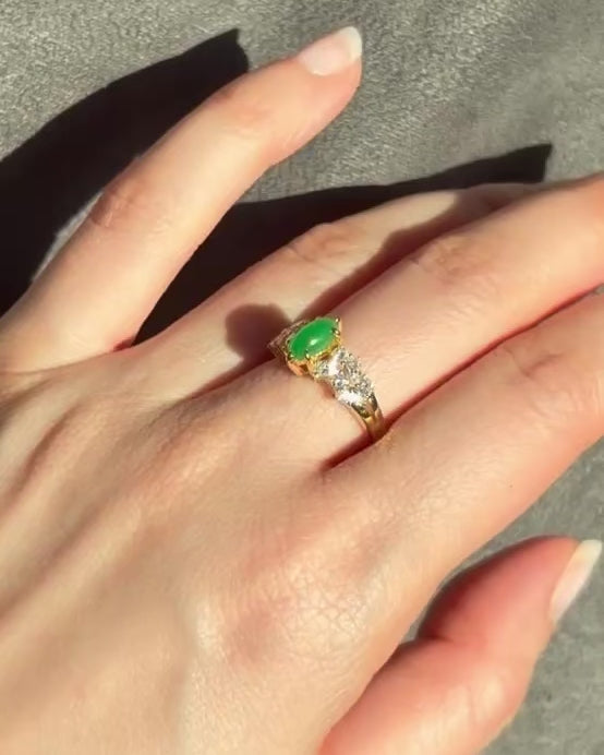 natural green jade and marquise diamond engagement ring in 14k solid yellow gold
