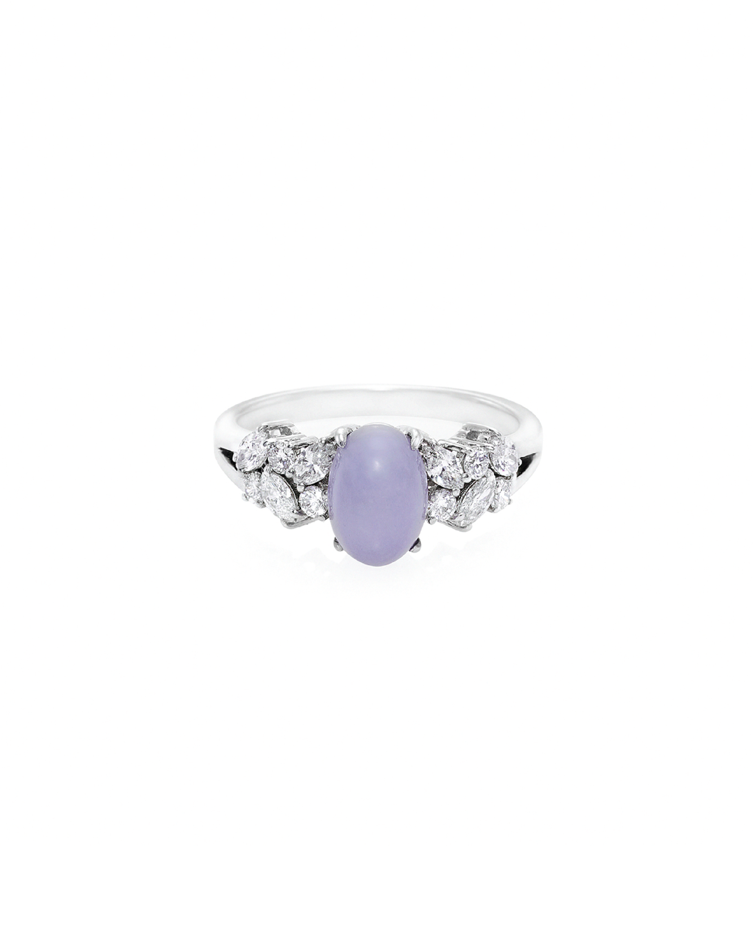 An elegant white gold ring featuring an oval natural purple jade centerpiece with round and marquise cut diamonds.