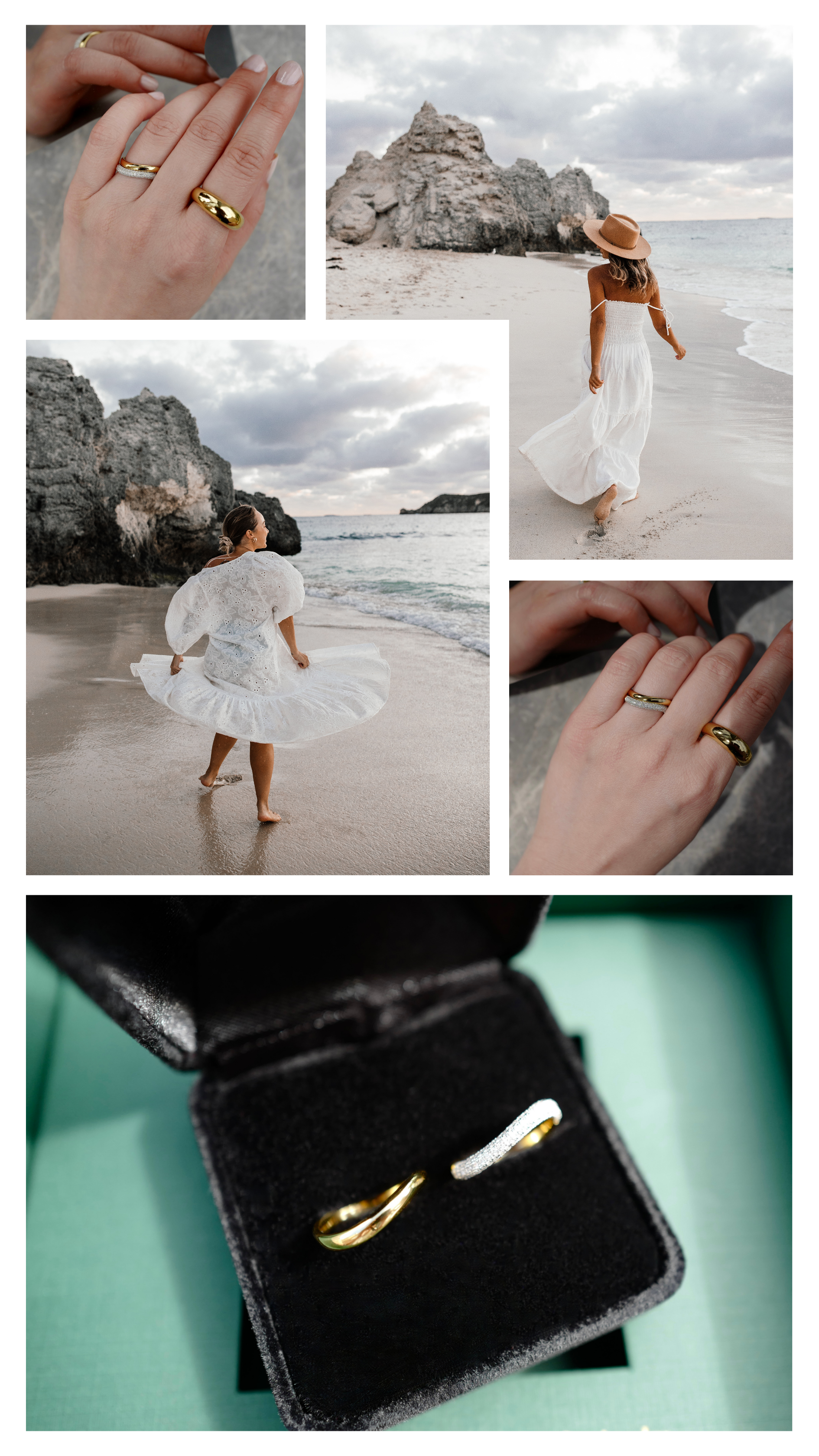a woman in a white dress on a beach, close-ups of hands wearing gold wedding diamond ring, and a gold wedding ring set in an open jewelry box.