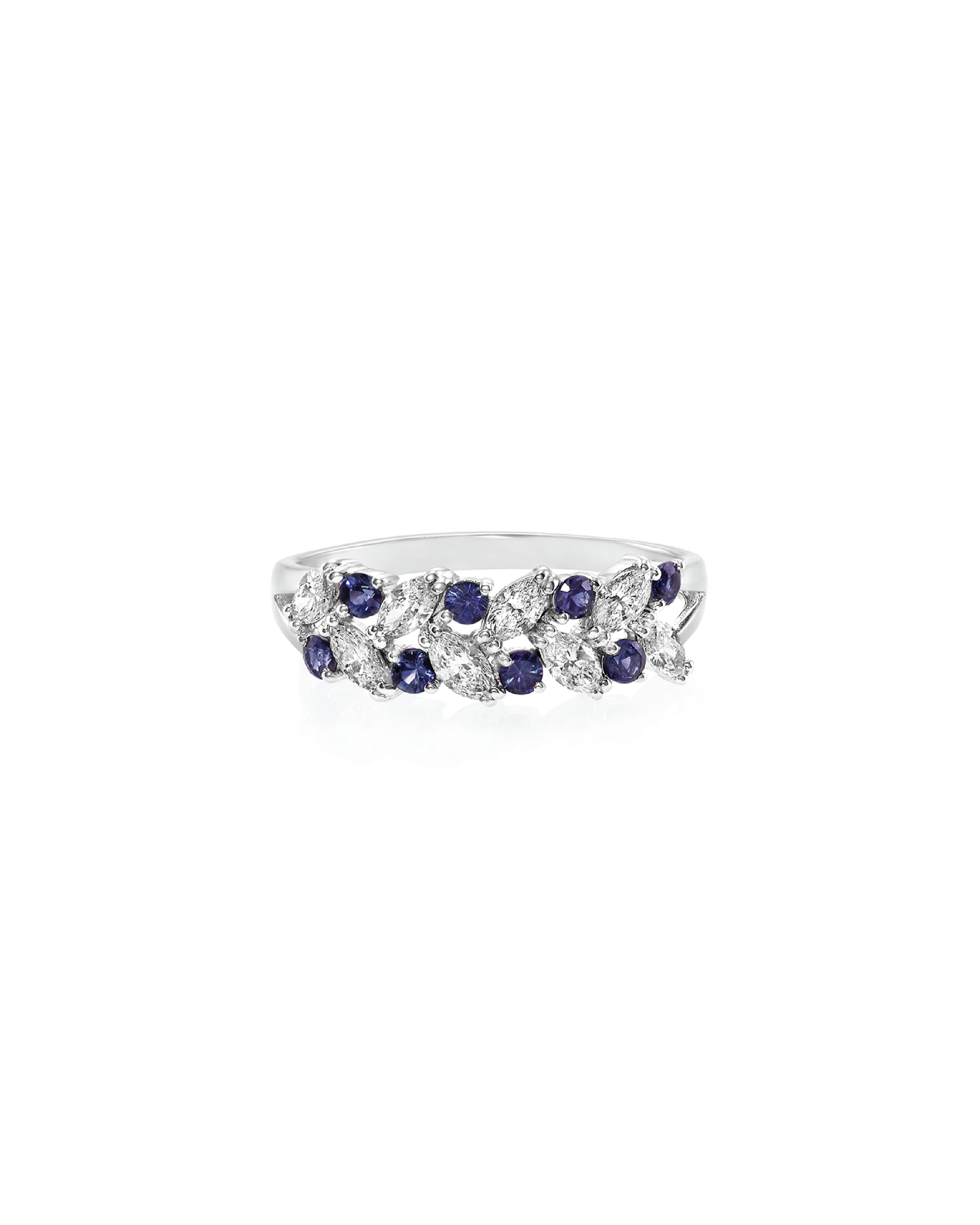 A white gold ring with alternating round cut blue sapphires and marquise cut diamonds creating an elegant pattern.