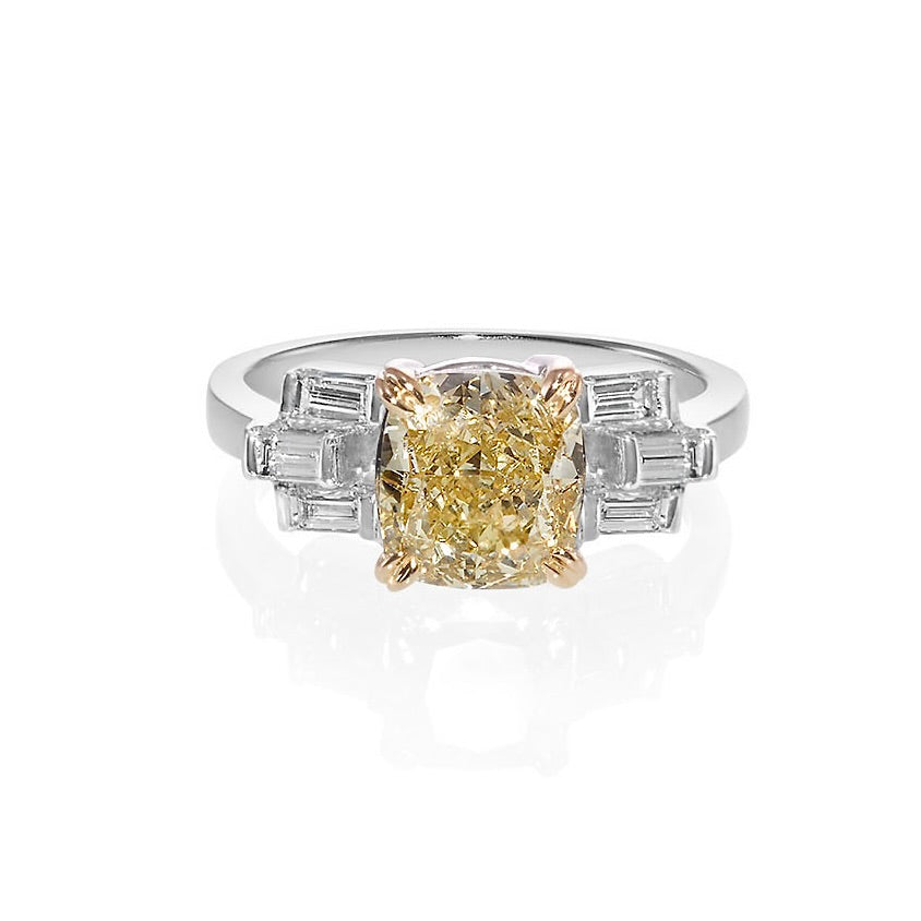 Certified 2.02ct Cushion Fancy Yellow Diamond and Baguette Ring in 14K White Gold