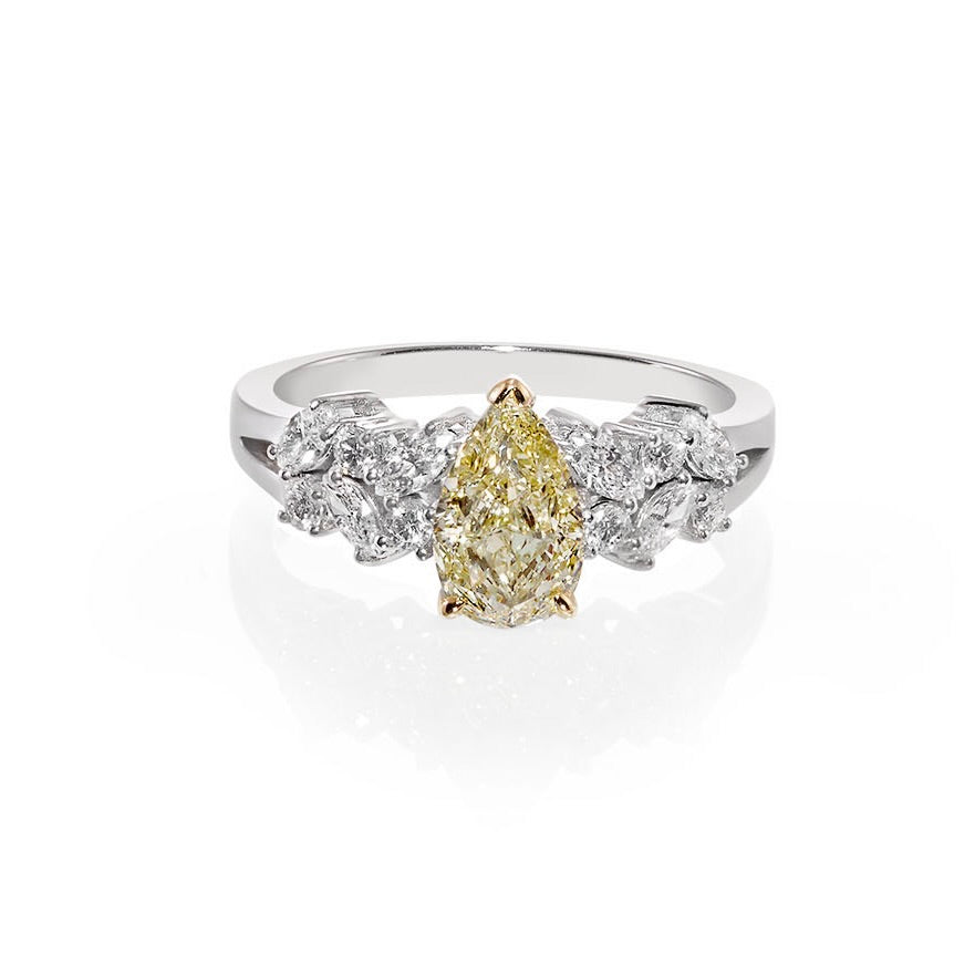 Certified 1.04ct Pear Fancy Yellow Diamond Ring in 14K Solid White Gold