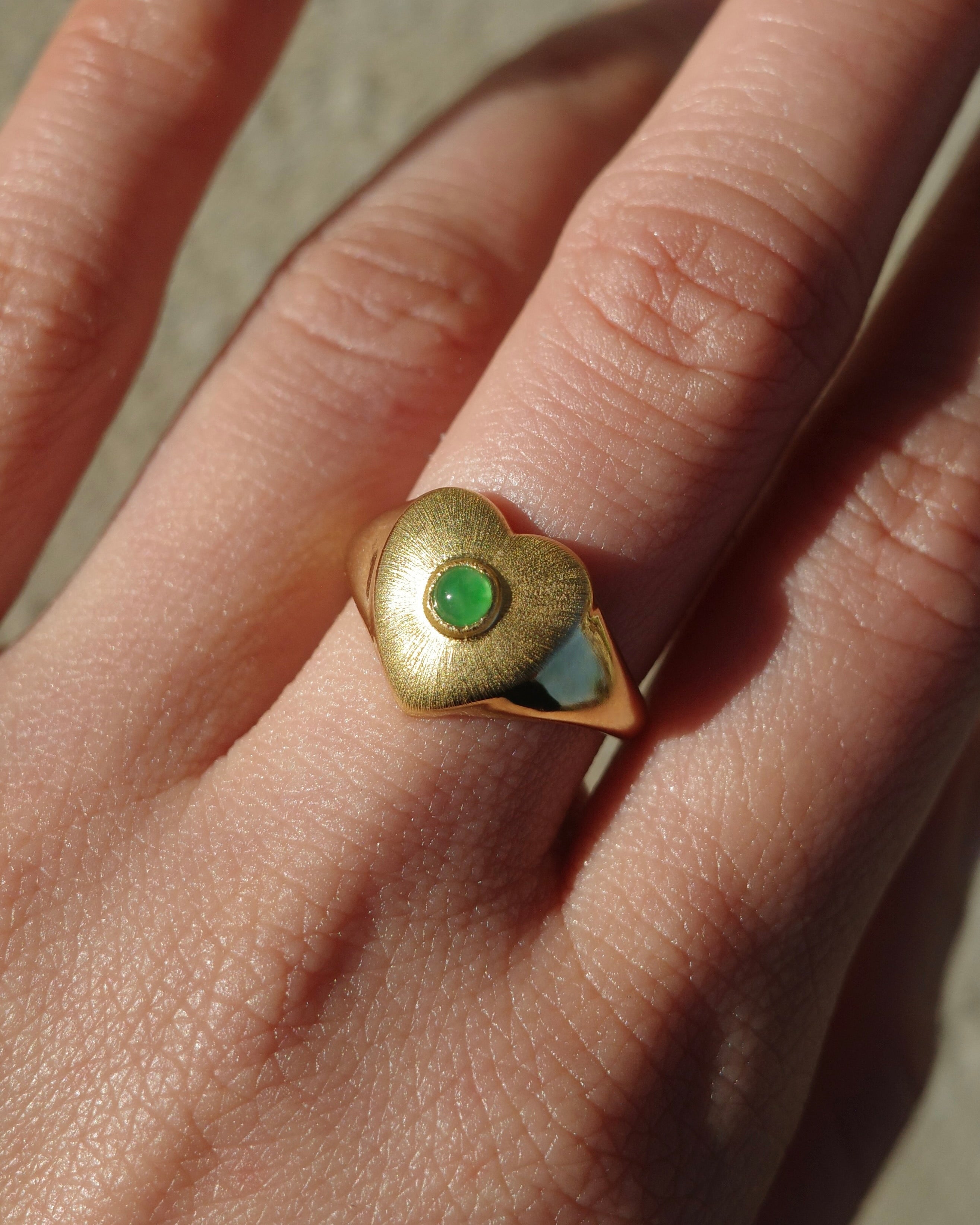 Textured heart signet ring with high quality green jade
