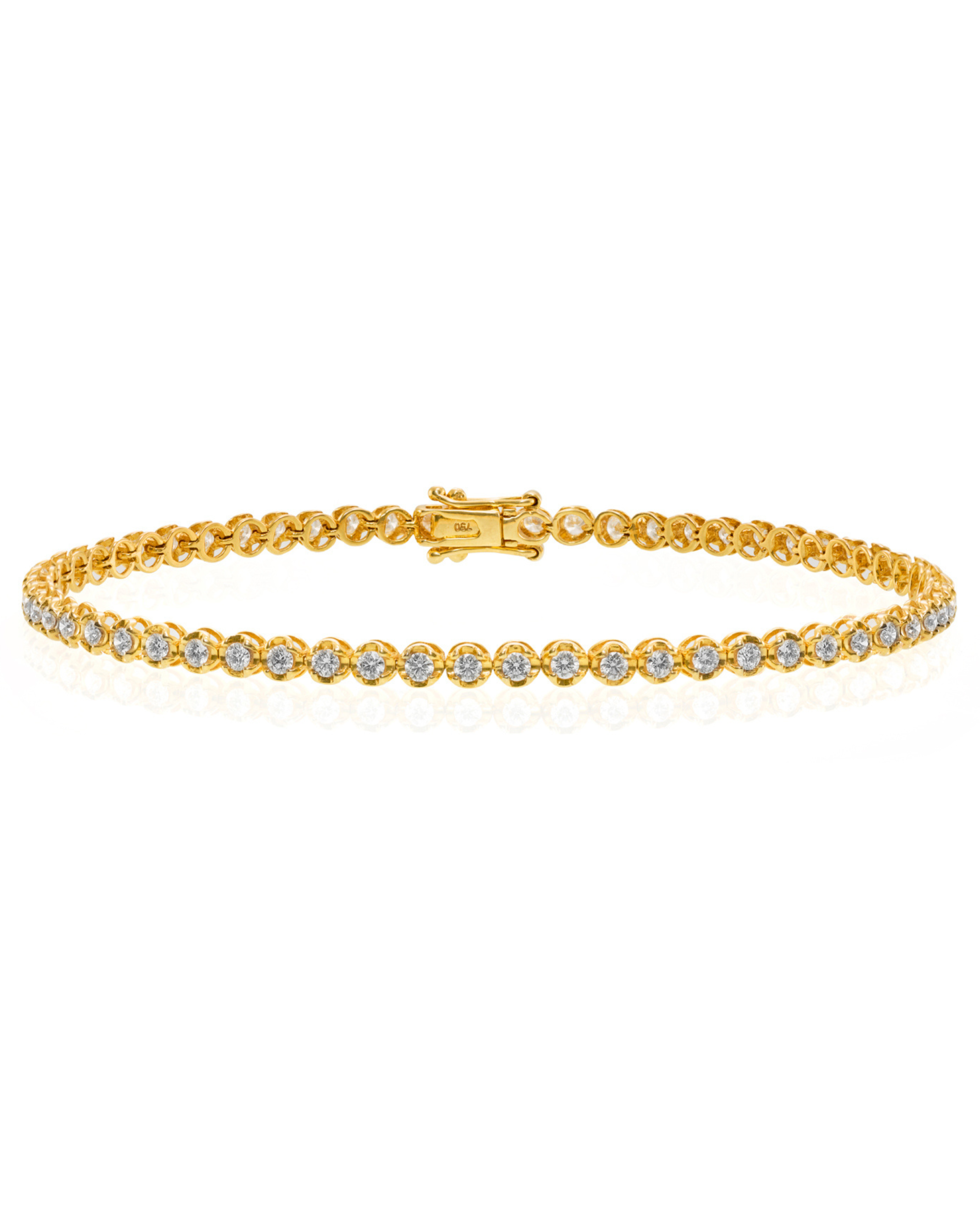 Gold tennis bracelet with round brilliant diamond on a white background