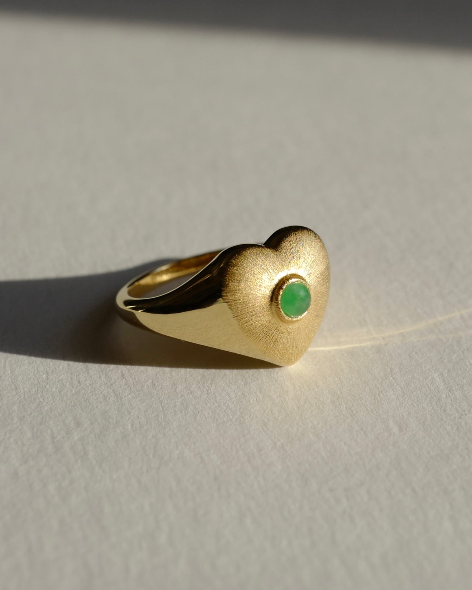 Gold heart signet ring with natural green jade