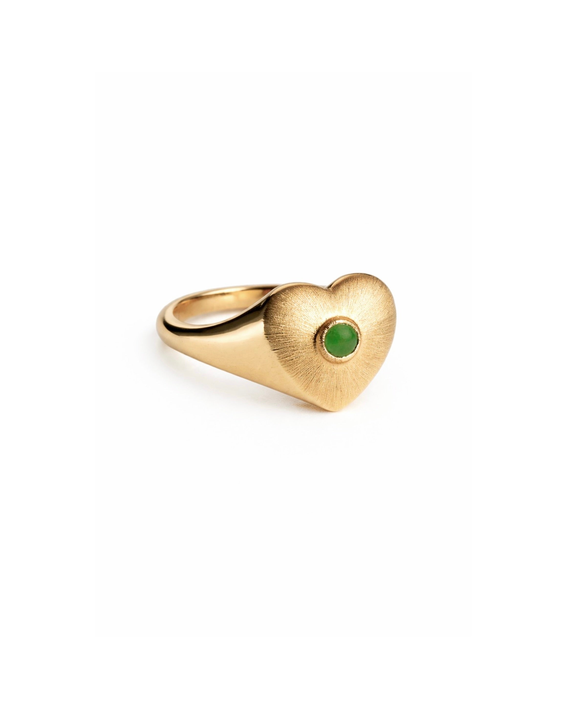 Gold heart signet ring with natural green jade