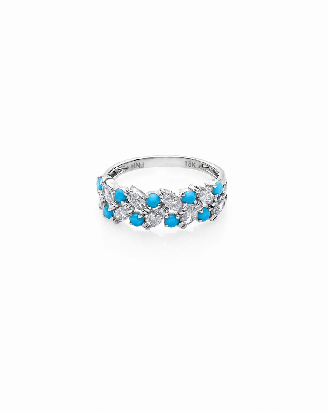 Front view of a handcrafted 18k white gold ring featuring alternating round natural blue turquoise and marquise cut diamonds by HN Jewelry.