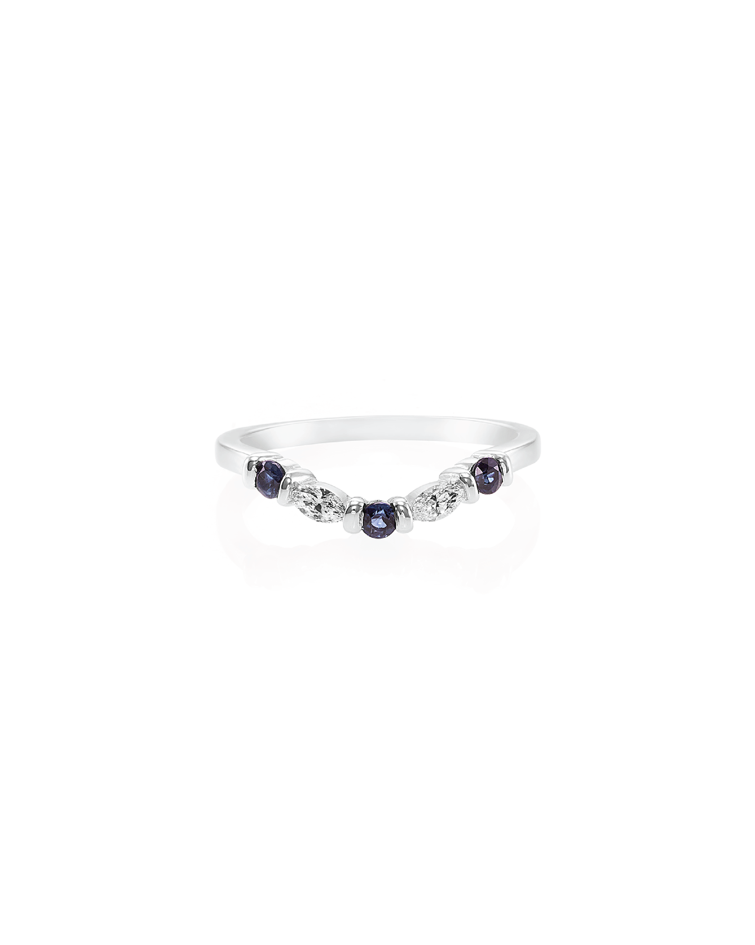 A white gold ring with a marquise cut diamond and blue sapphire band.