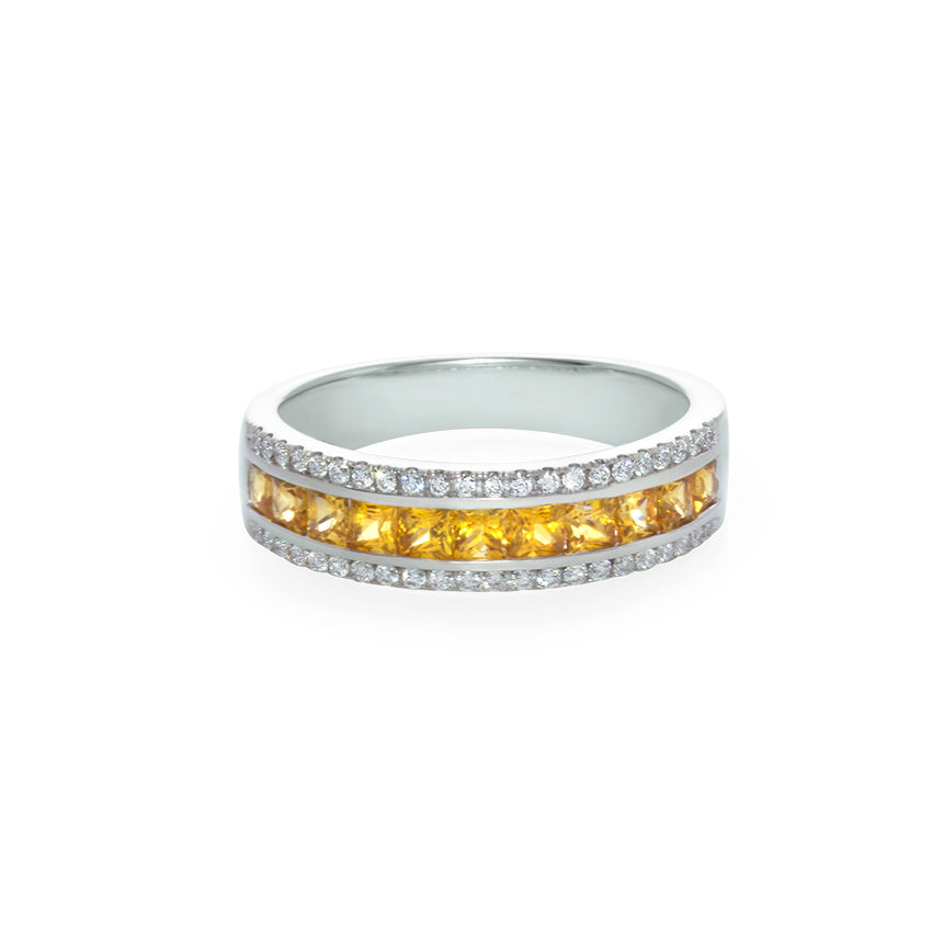 Yellow Sapphire and Diamond Three Row Ring in 18K White Gold - HN JEWELRY