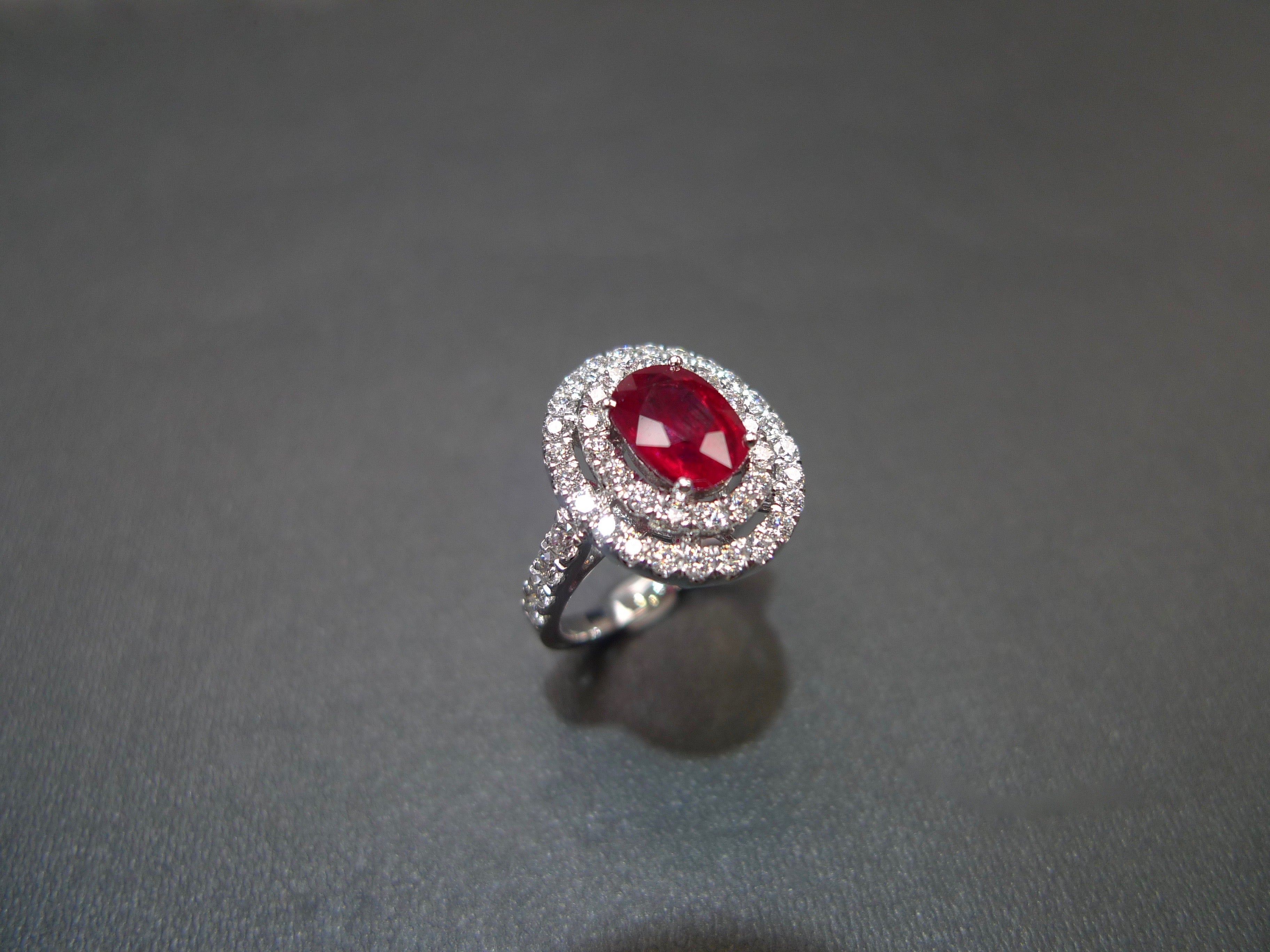 Double Halo Diamond and Oval Shape Ruby Ring in 18K White - HN JEWELRY