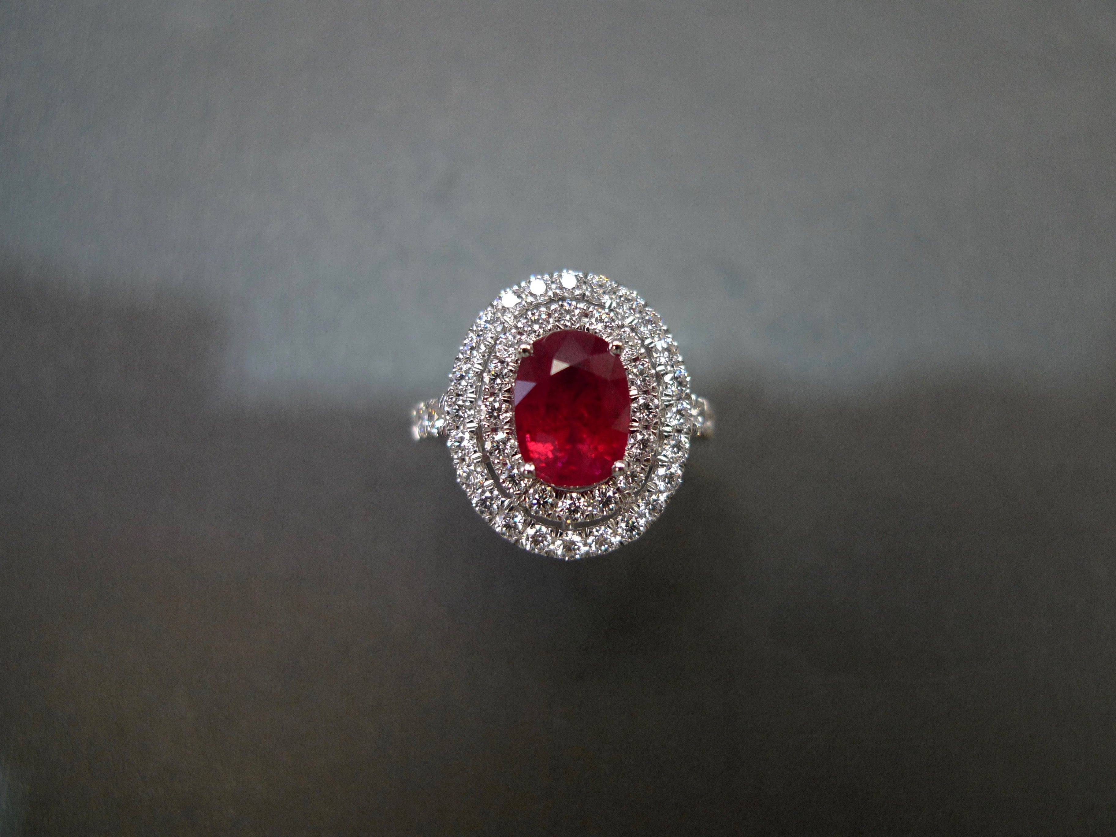 Double Halo Diamond and Oval Shape Ruby Ring in 18K White - HN JEWELRY