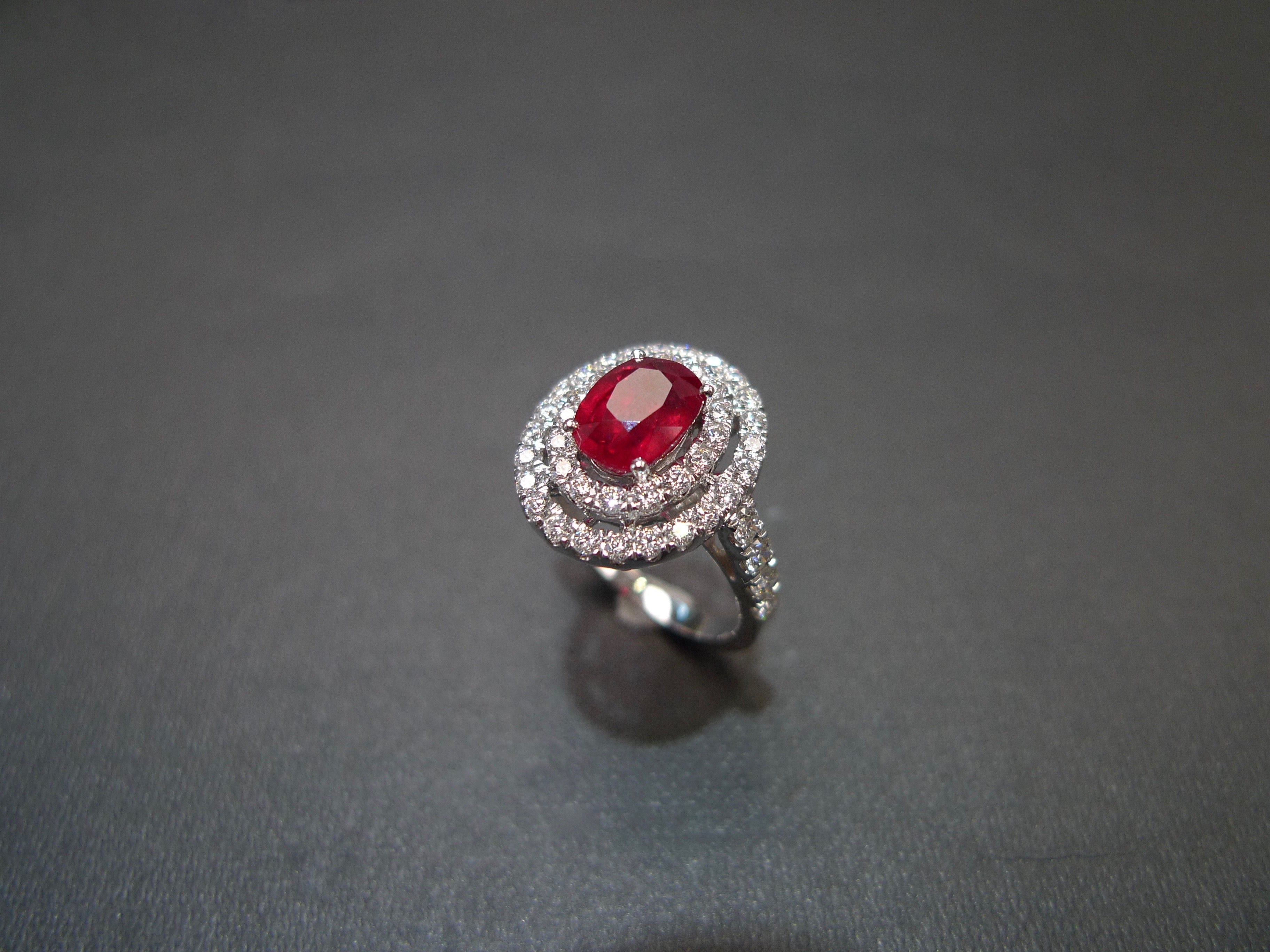 Double Halo Diamond and Oval Shape Ruby Ring in 18K White - HN JEWELRY