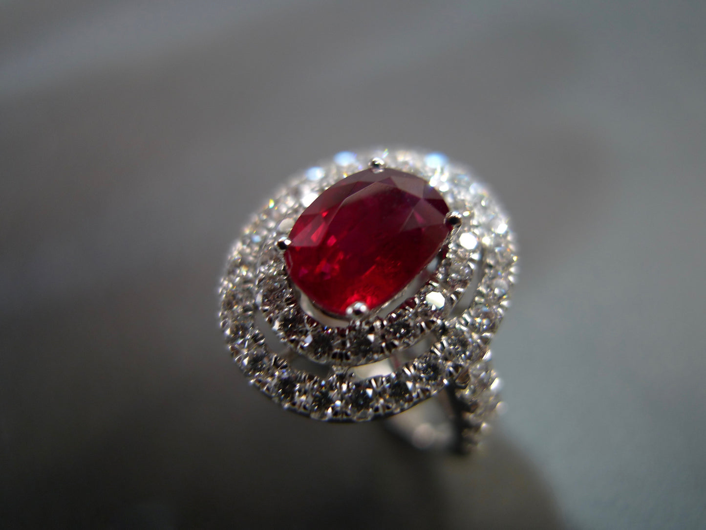 Double Halo Diamond and Oval Shape Ruby Ring in 18K White - HN JEWELRY