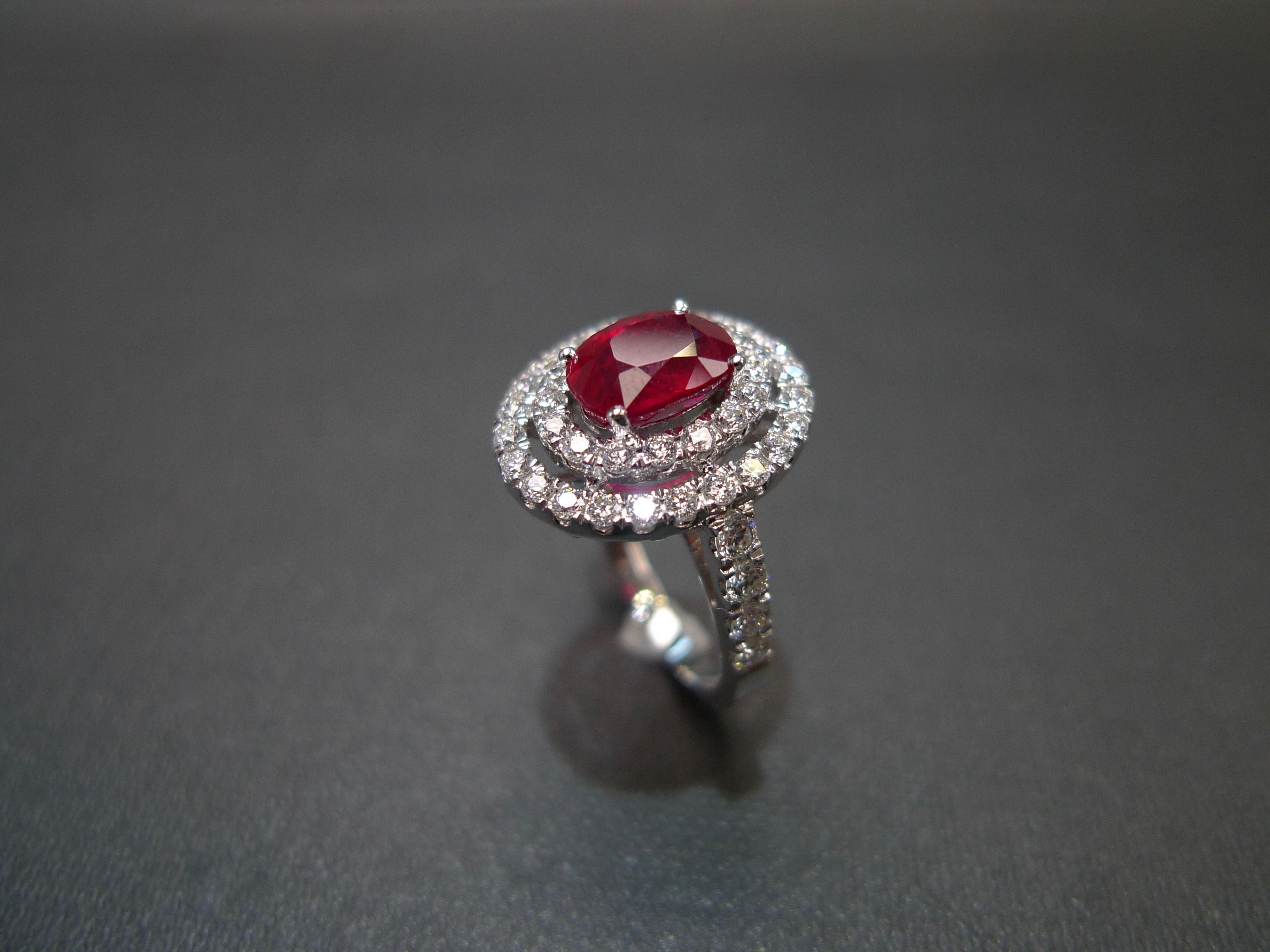 Double Halo Diamond and Oval Shape Ruby Ring in 18K White - HN JEWELRY