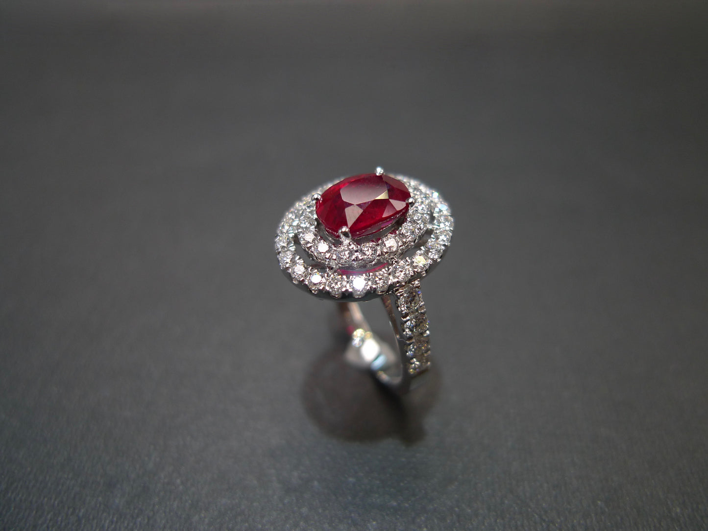 Double Halo Diamond and Oval Shape Ruby Ring in 18K White - HN JEWELRY