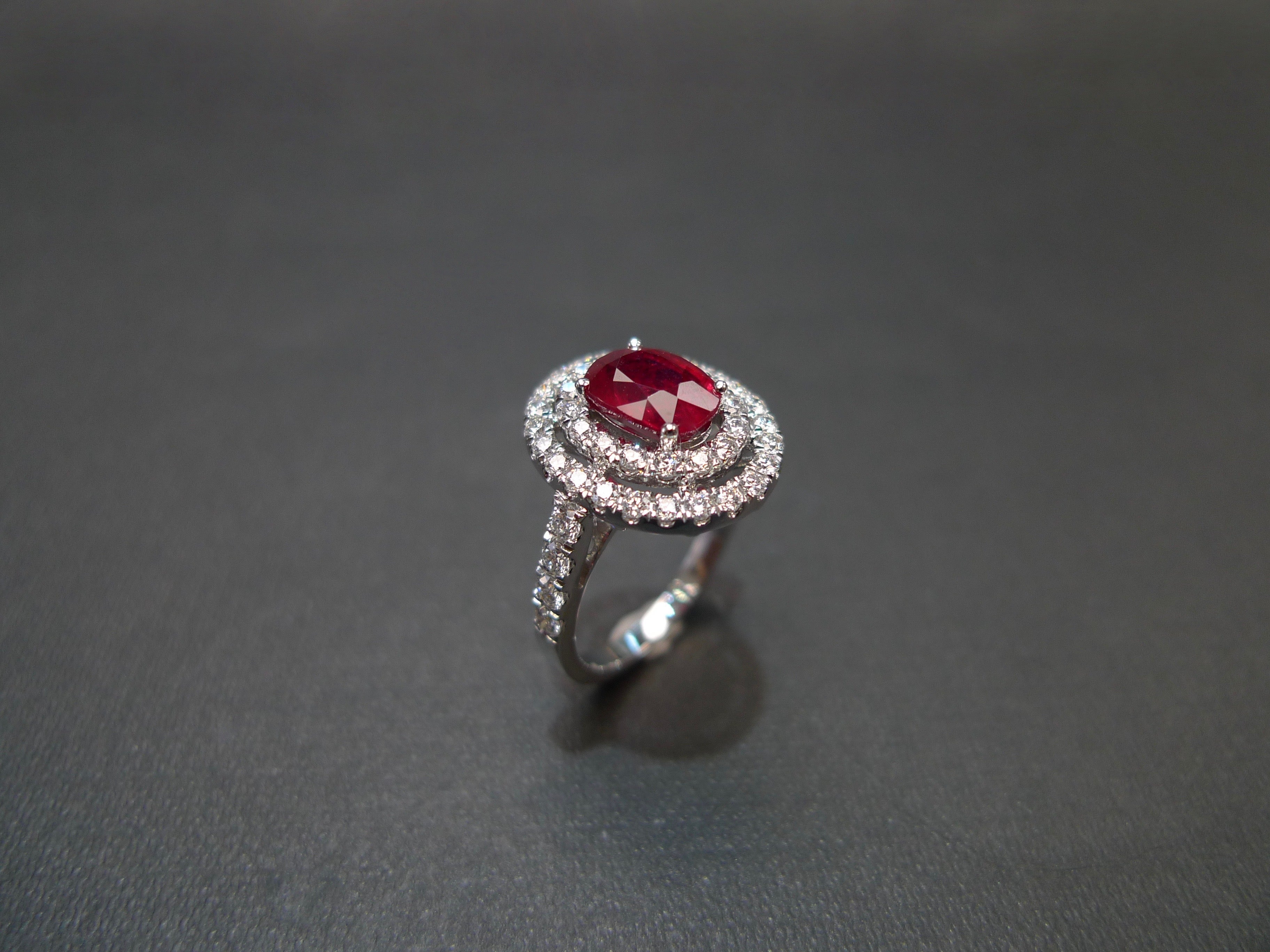Double Halo Diamond and Oval Shape Ruby Ring in 18K White - HN JEWELRY