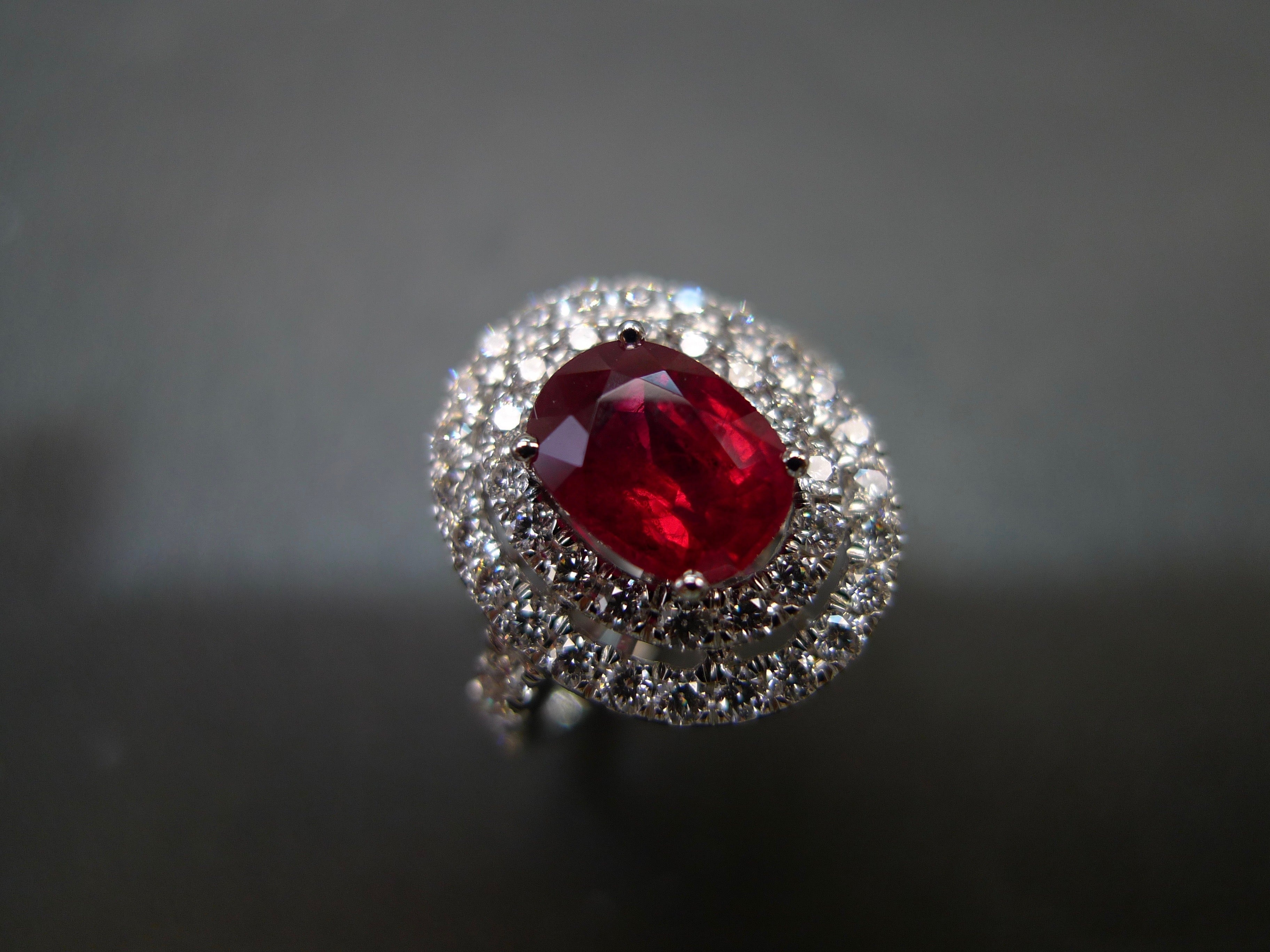 Double Halo Diamond and Oval Shape Ruby Ring in 18K White - HN JEWELRY