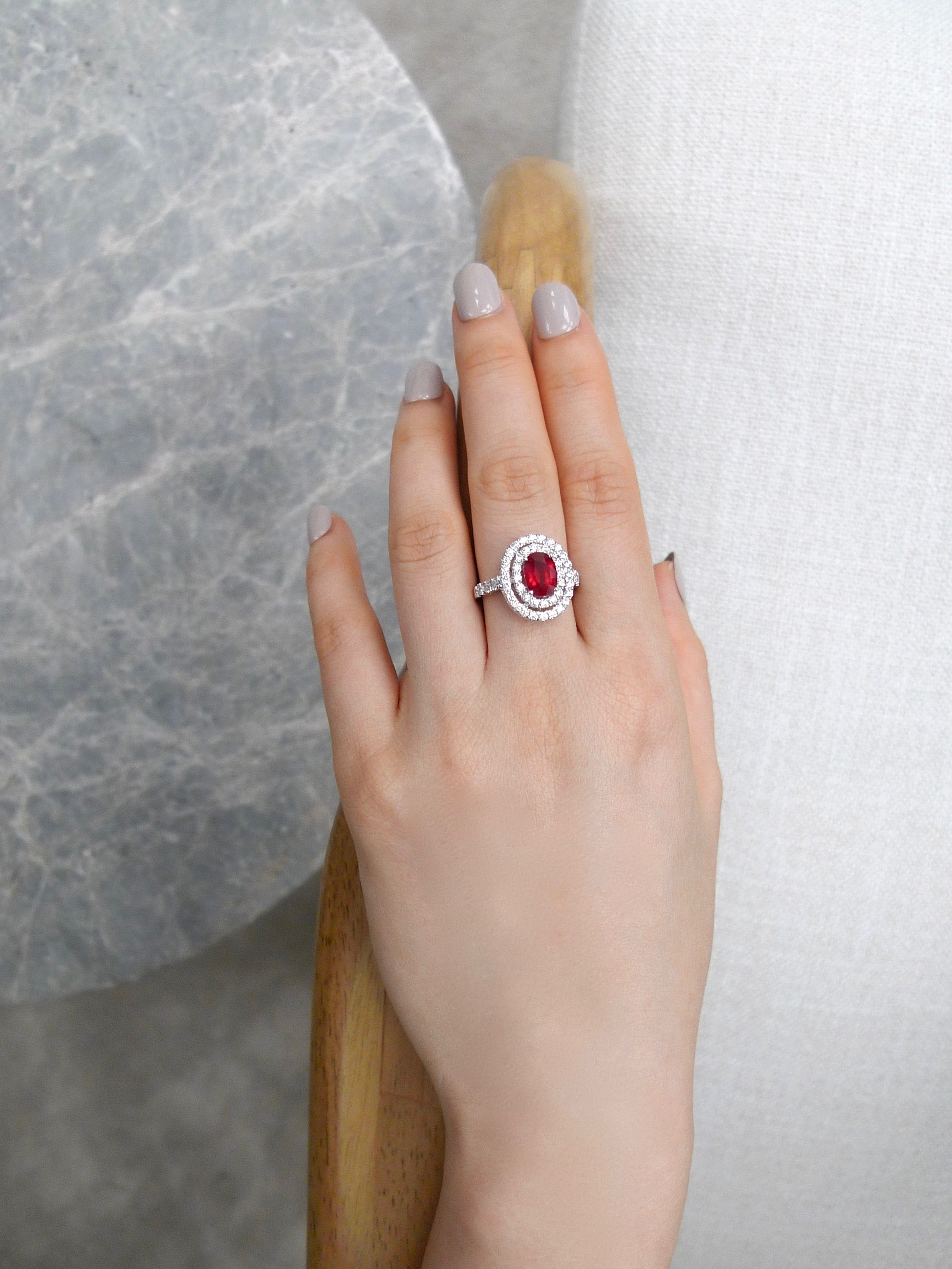 Double Halo Diamond and Oval Shape Ruby Ring in 18K White - HN JEWELRY