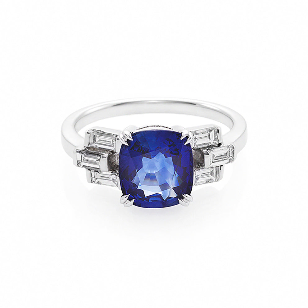Blue Sapphire and Baguette Diamond Ring - HN JEWELRY
