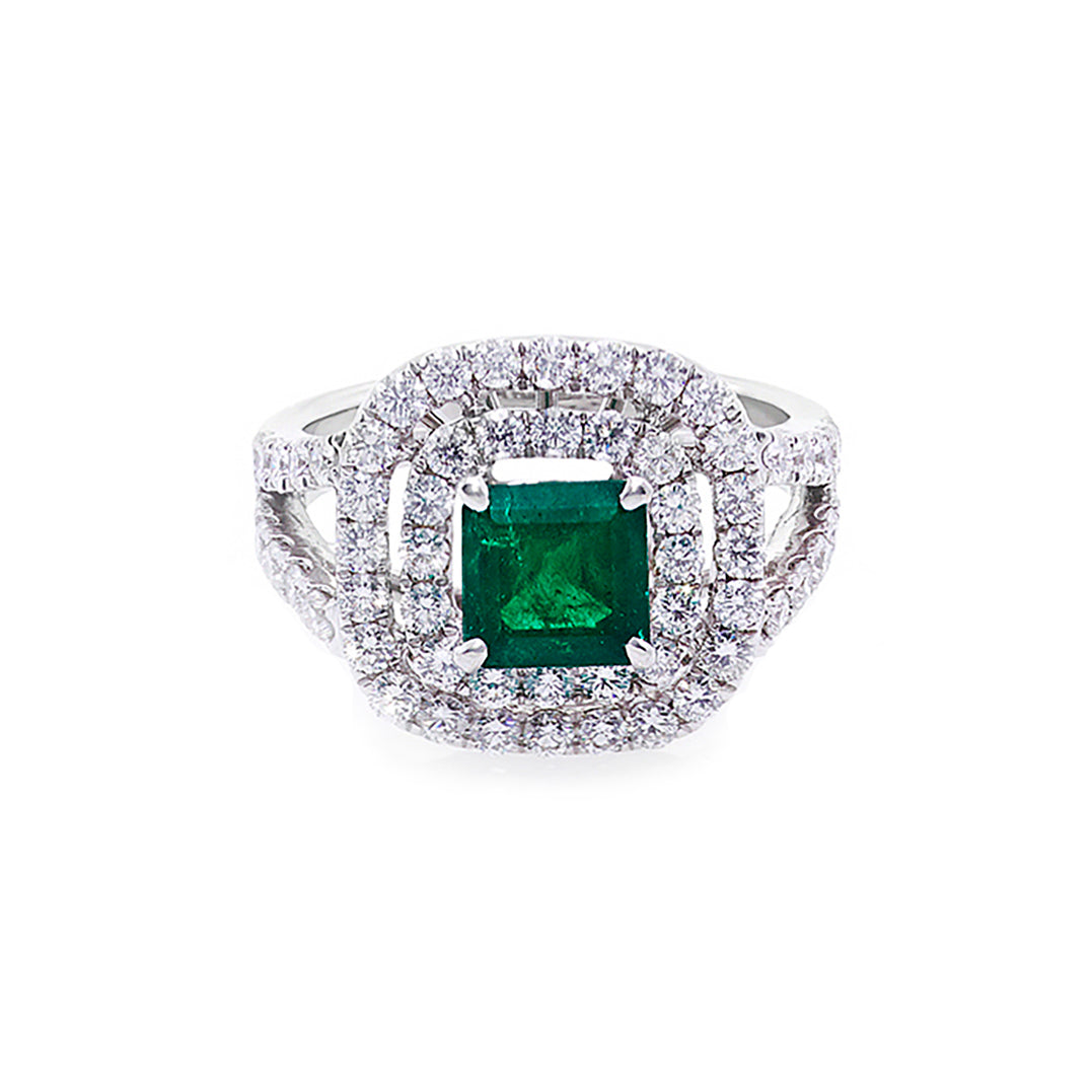 Emerald and Diamond Double Halo Ring - HN JEWELRY