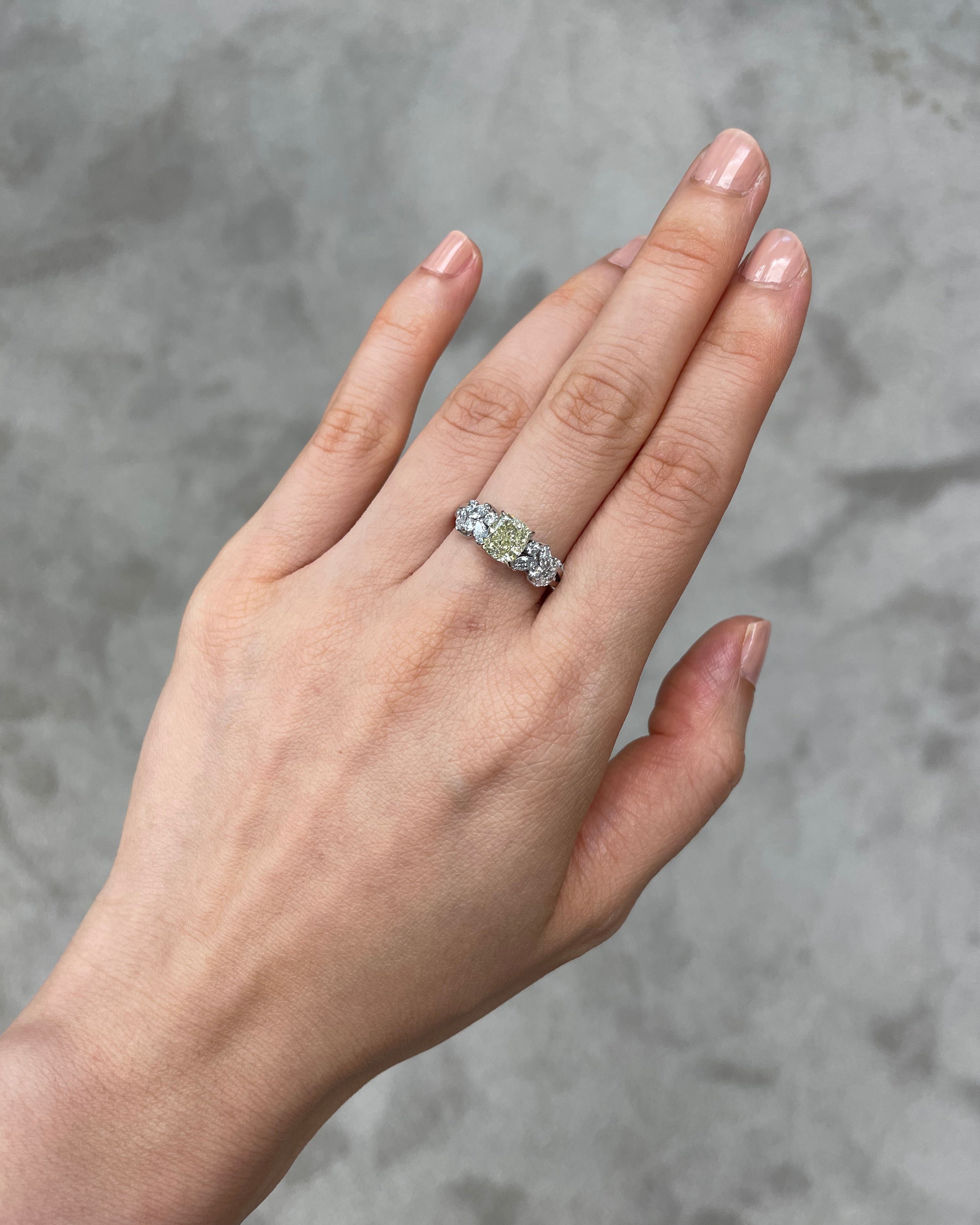 1.22ct Cushion Shape Light Yellow Diamond and Marquise Diamond Ring - HN JEWELRY
