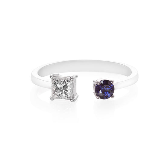 Princess Cut Diamond and Round Cut Blue Sapphire Open Ring - HN JEWELRY