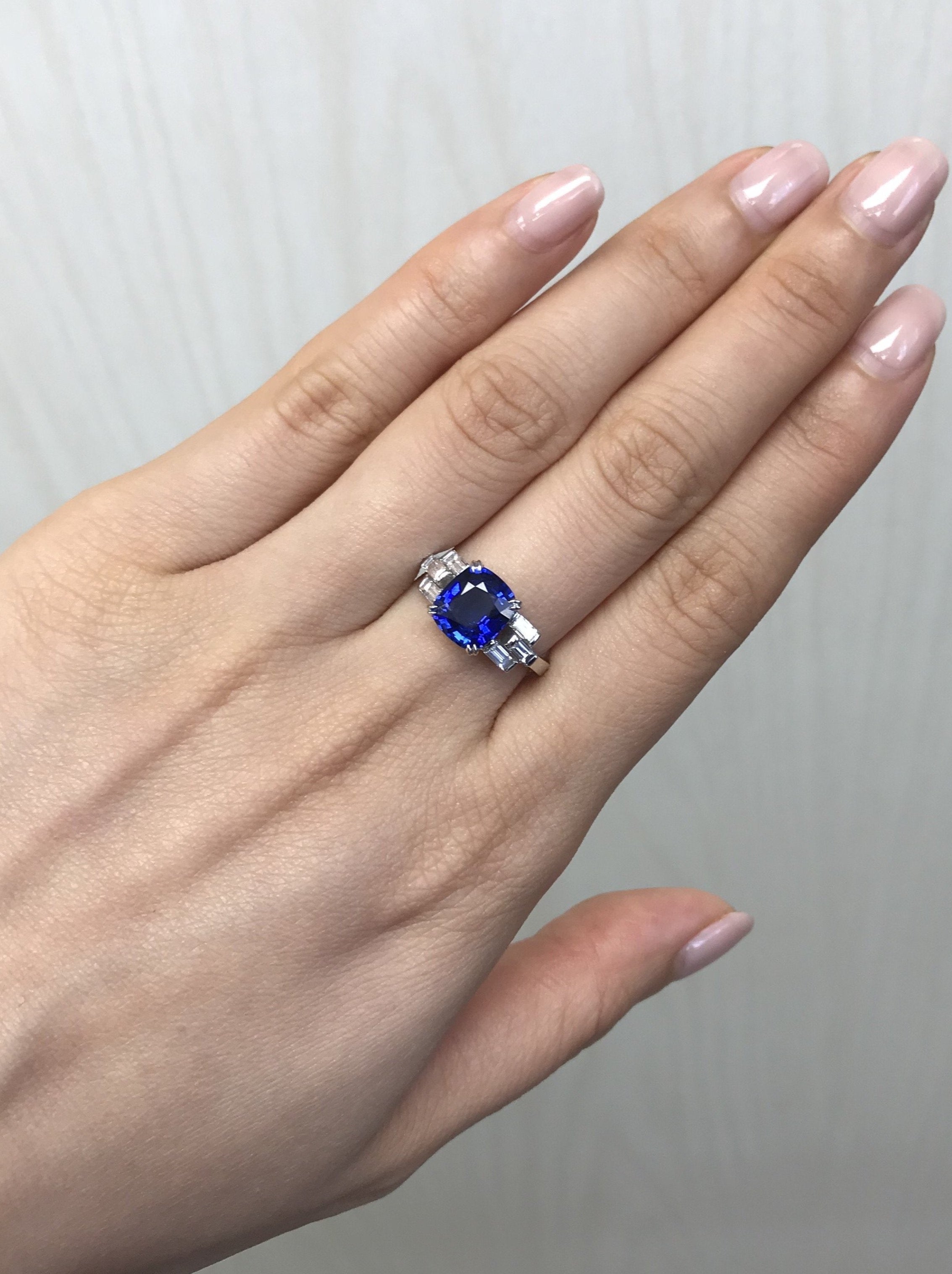 Three Stone Ring, Blue Sapphire Diamond Ring, Elongated Cushion Cut Diamond Engagement Ring, Baguette Wedding Ring, 14K offers White Gold Ring