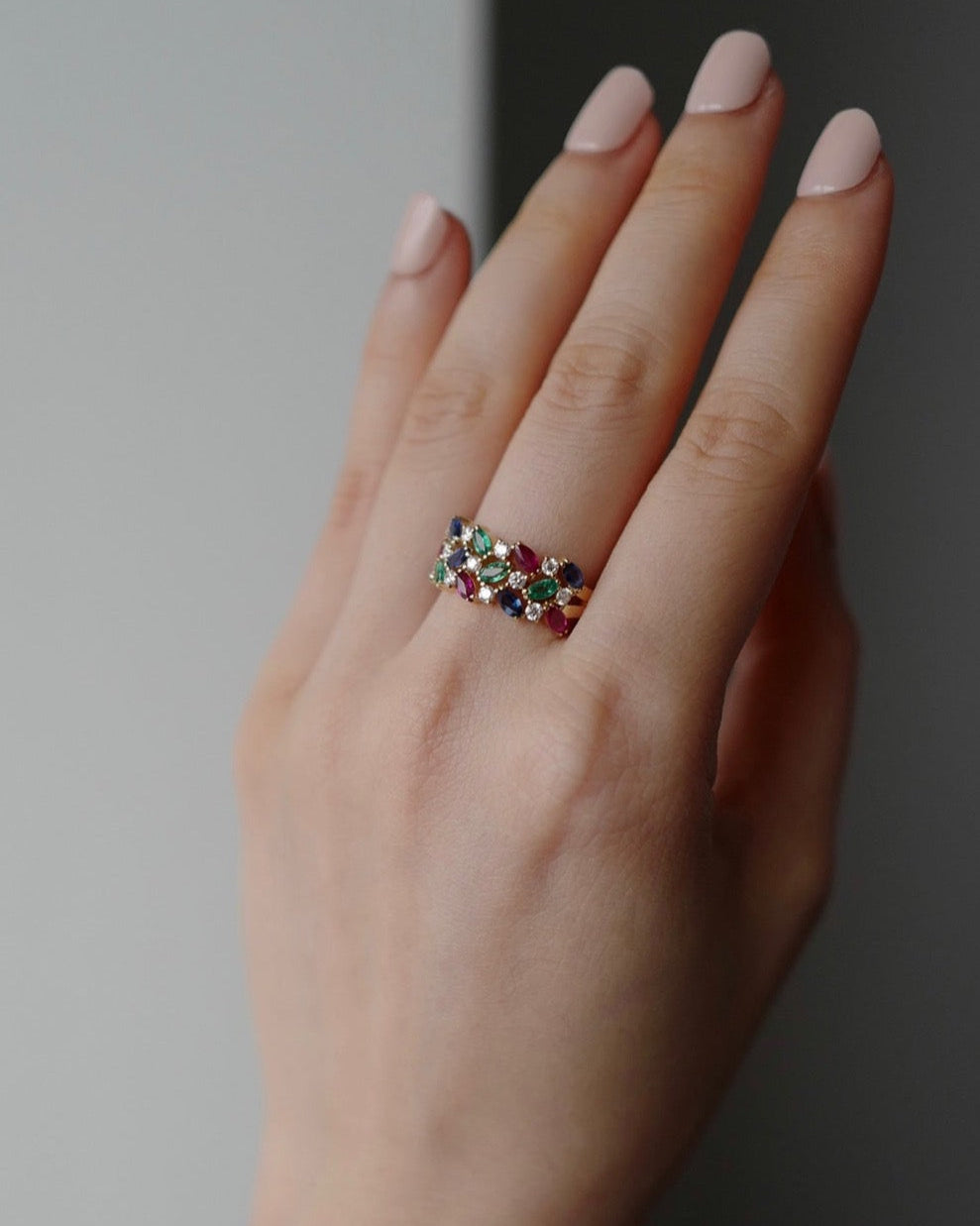 Three Rows Marquise Diamond Ring with Ruby, Blue Sapphire and Emerald in 18K Yellow Gold - HN JEWELRY