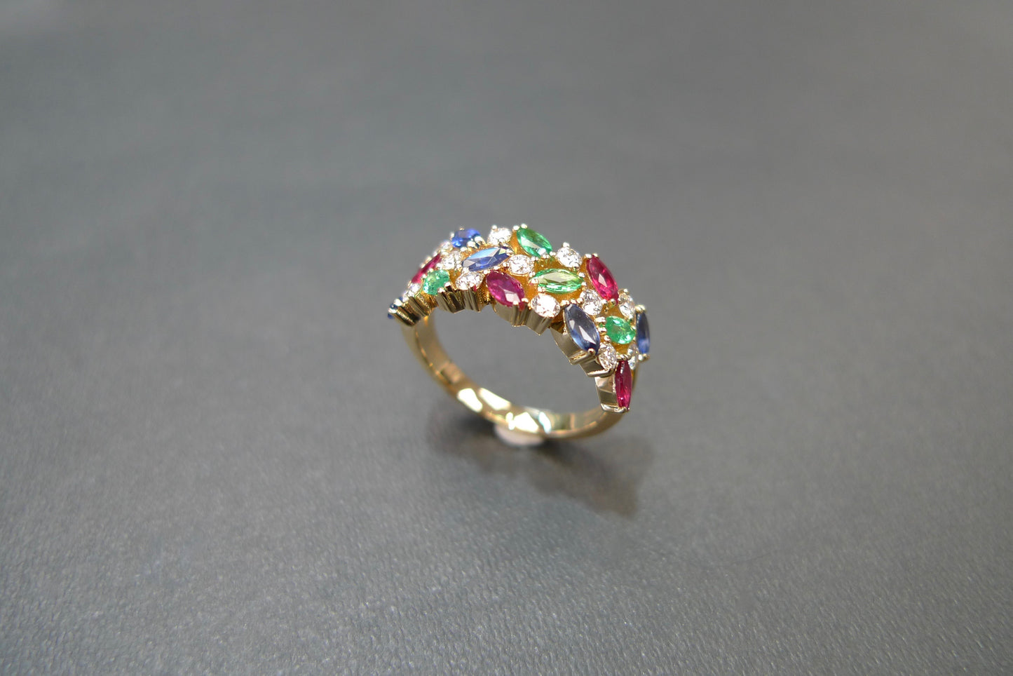 Three Rows Marquise Diamond Ring with Ruby, Blue Sapphire and Emerald in 18K Yellow Gold - HN JEWELRY