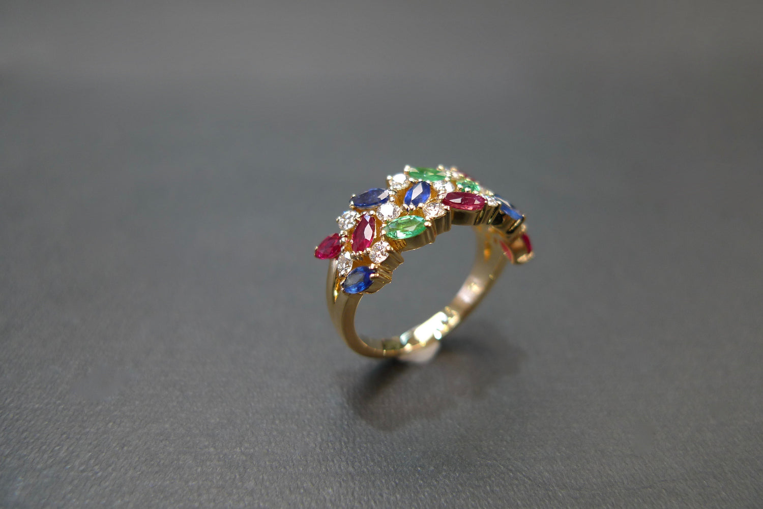 Three Rows Marquise Diamond Ring with Ruby, Blue Sapphire and Emerald in 18K Yellow Gold - HN JEWELRY