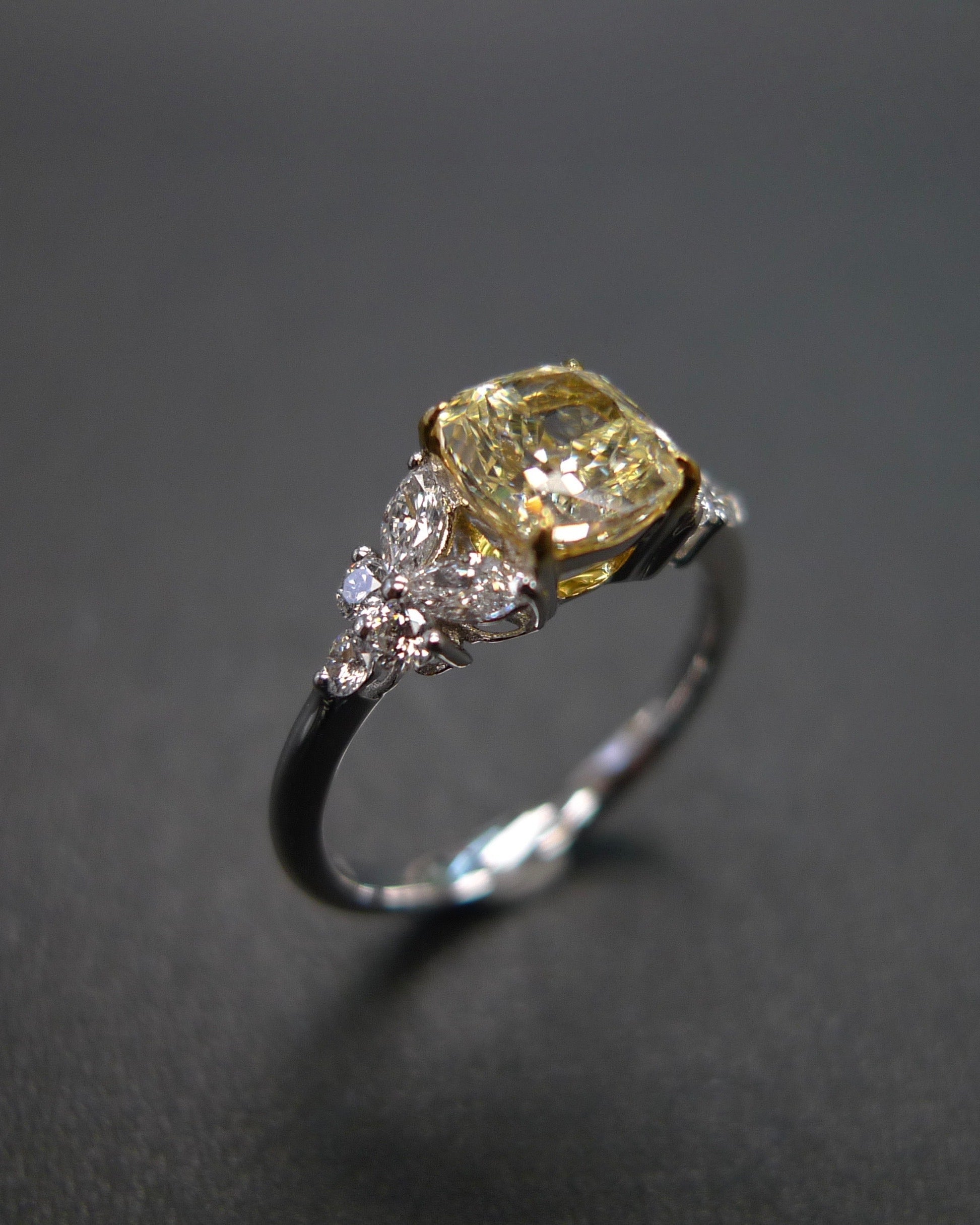 Elegant cushion yellow diamond and marquise diamond ring handmade fine jewelry