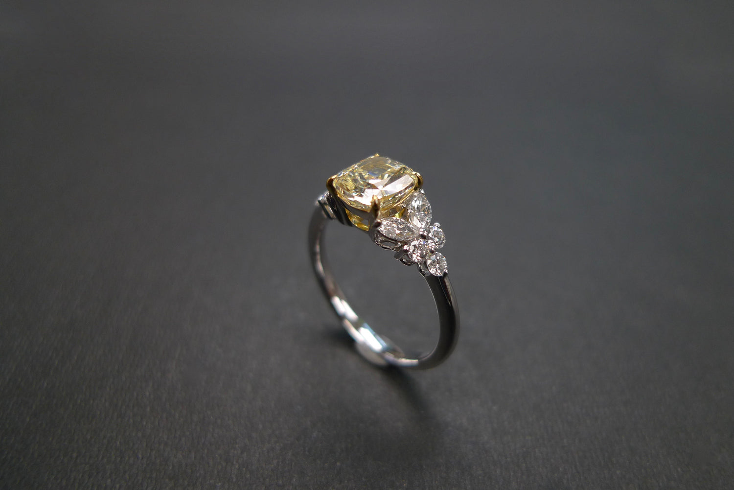 Cushion Shape Light Yellow Diamond and Marquise Diamond Ring - HN JEWELRY