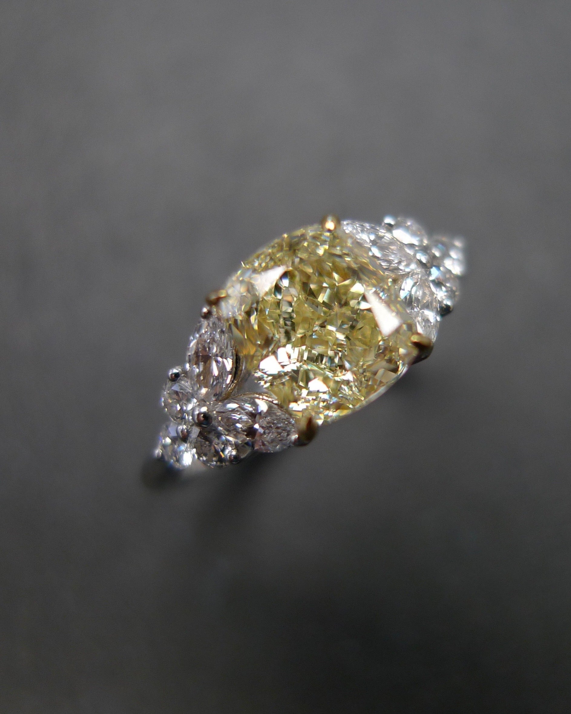 HN Jewelry cushion yellow diamond and marquise diamond statement ring in white gold