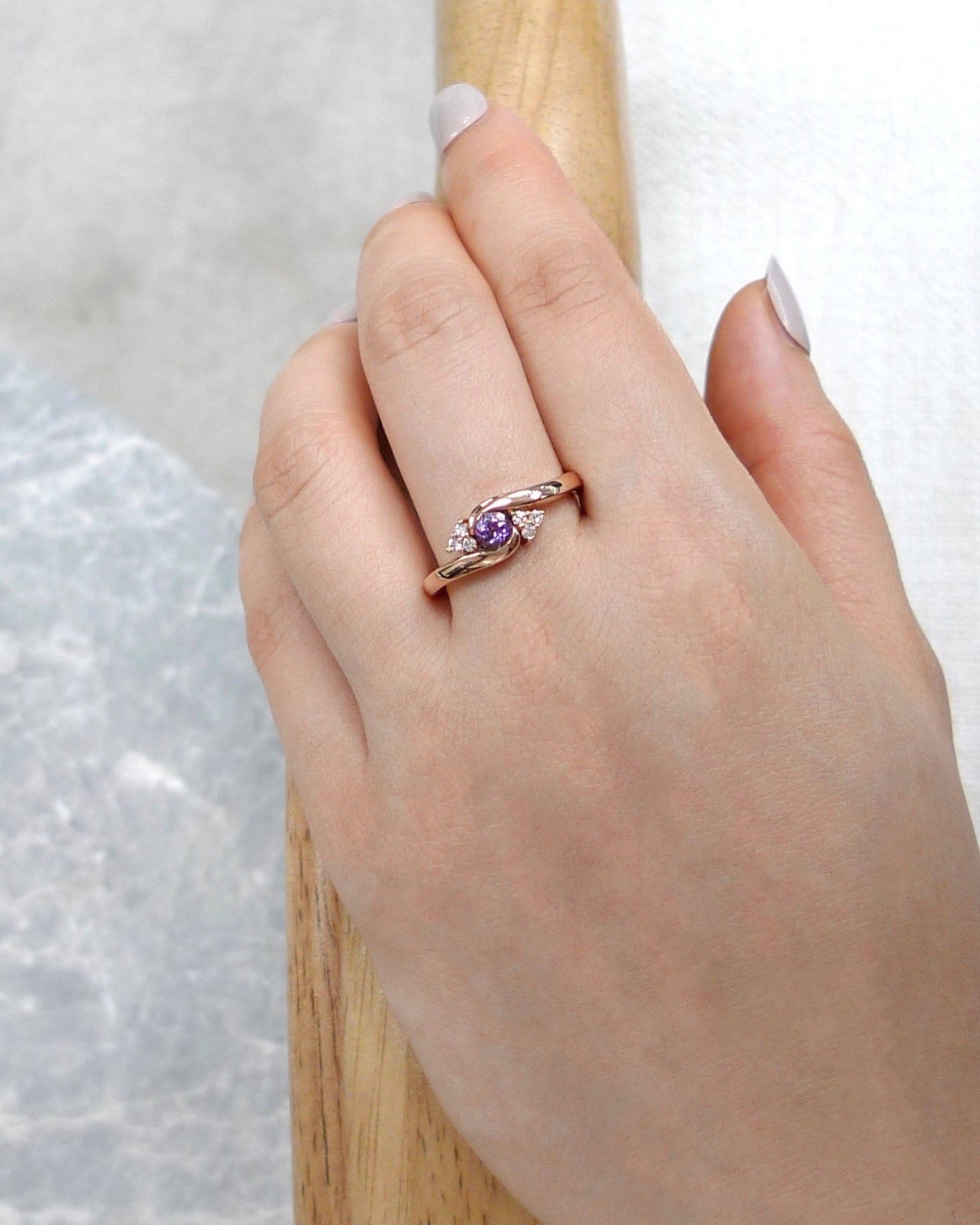 Amethyst & Diamond Twist Ring in 14K Rose Gold - HN JEWELRY