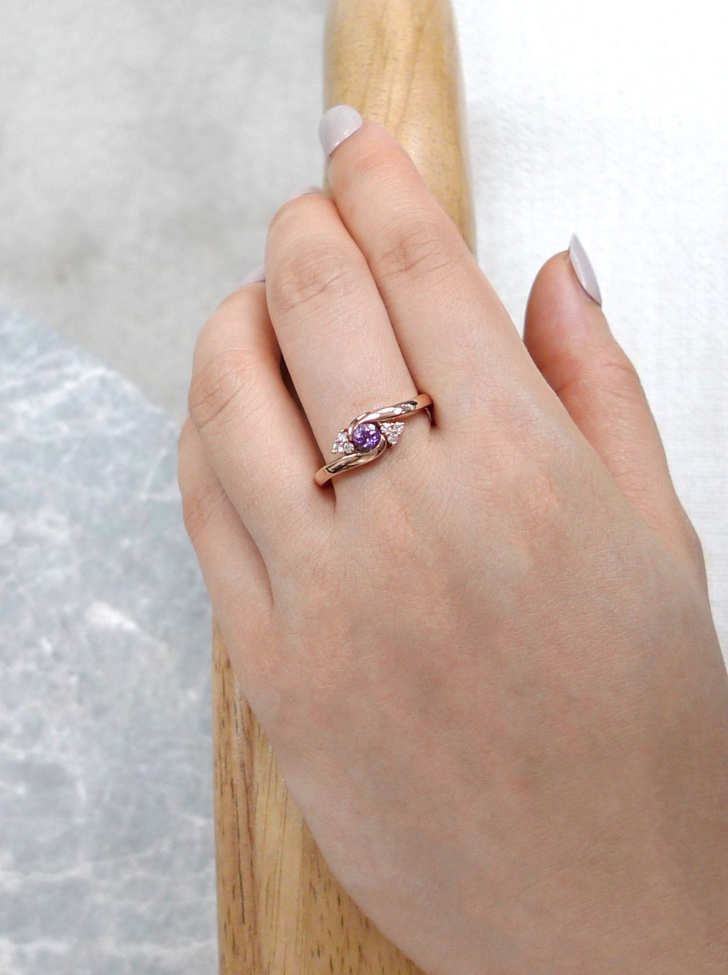 Amethyst & Diamond Twist Ring in 14K Rose Gold - HN JEWELRY