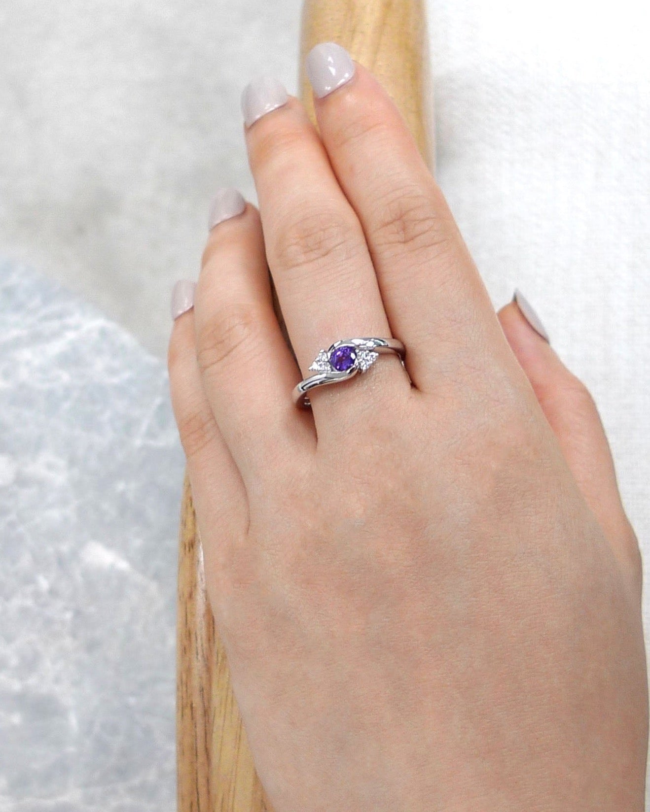 Amethyst & Diamond Twist Ring in 14K White Gold - HN JEWELRY