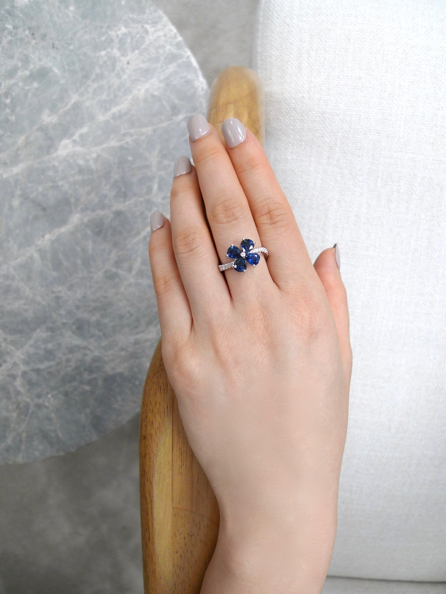 Pear Shaped Blue Sapphire & Diamond Twist Floral Ring - HN JEWELRY